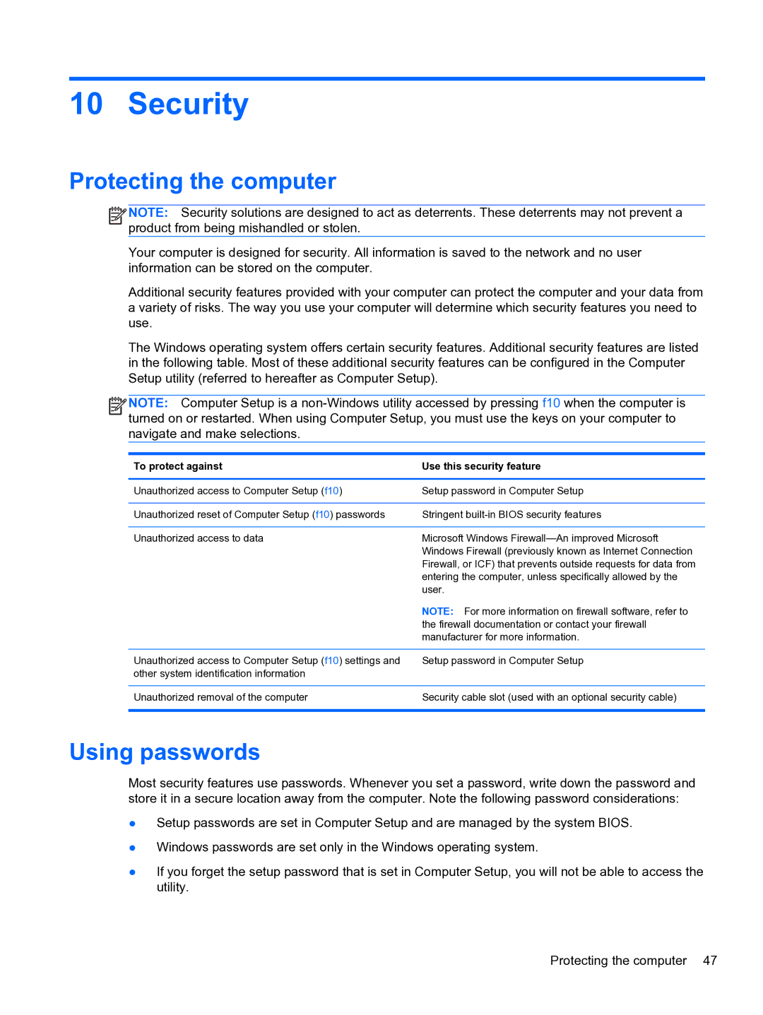 HP 4320t Mobile manual Security, Protecting the computer, Using passwords 