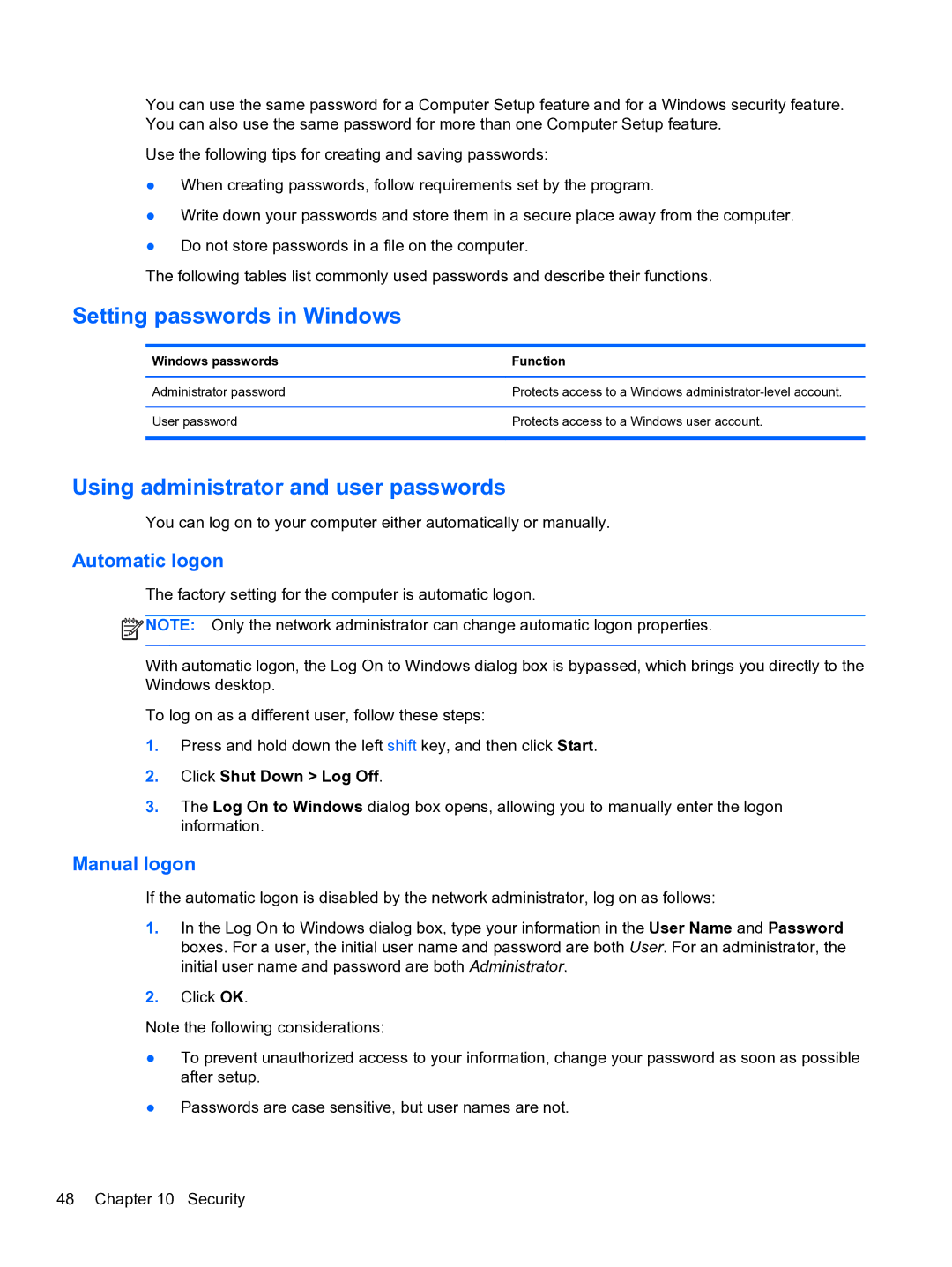 HP 4320t Mobile manual Setting passwords in Windows, Using administrator and user passwords, Automatic logon, Manual logon 