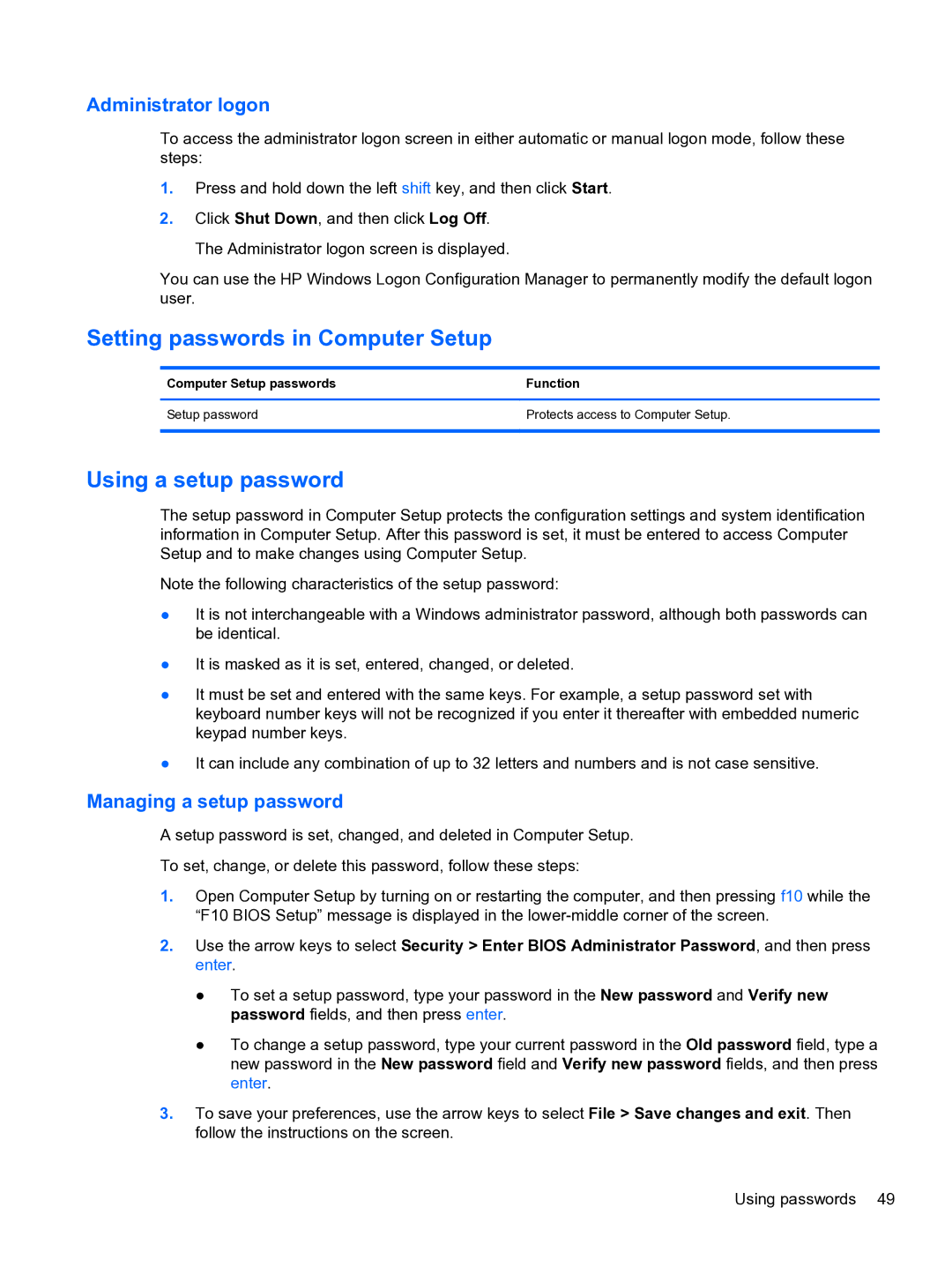 HP 4320t Mobile manual Setting passwords in Computer Setup, Using a setup password, Administrator logon 