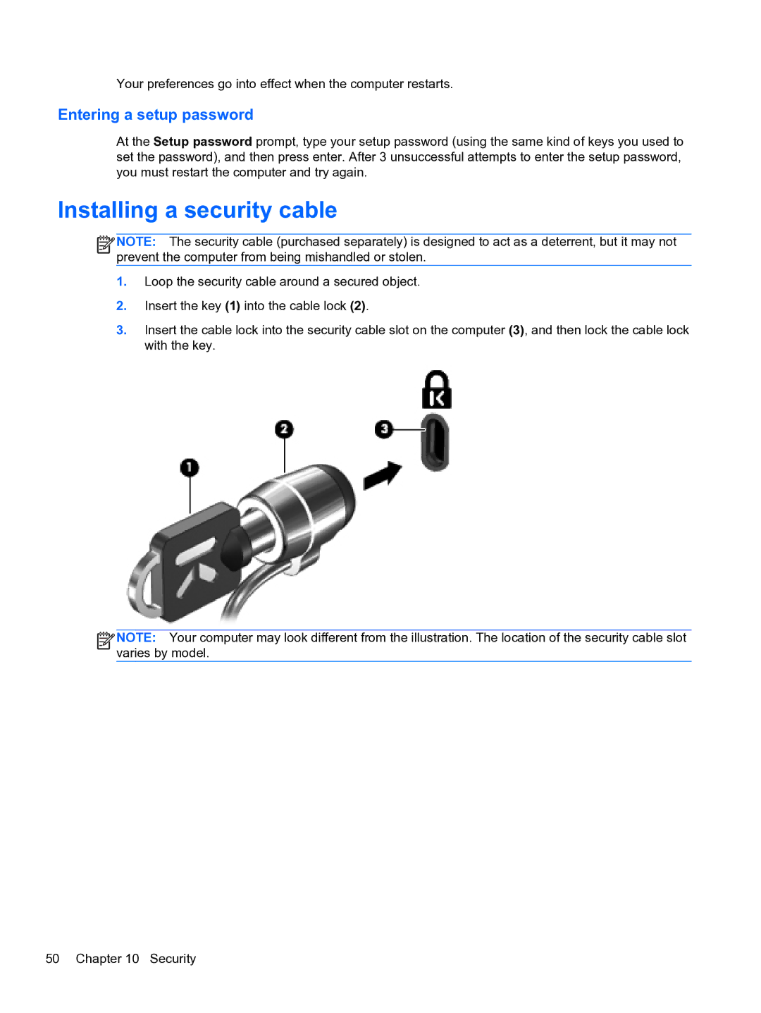 HP 4320t Mobile manual Installing a security cable, Entering a setup password 