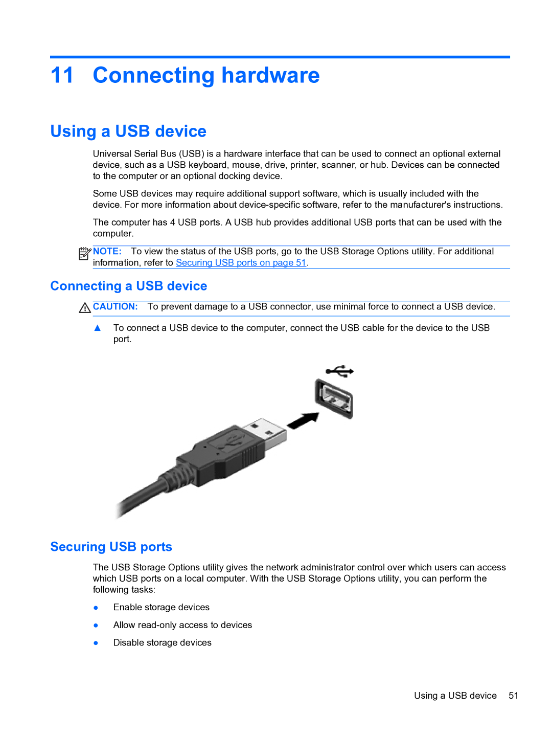 HP 4320t Mobile manual Connecting hardware, Using a USB device, Connecting a USB device, Securing USB ports 