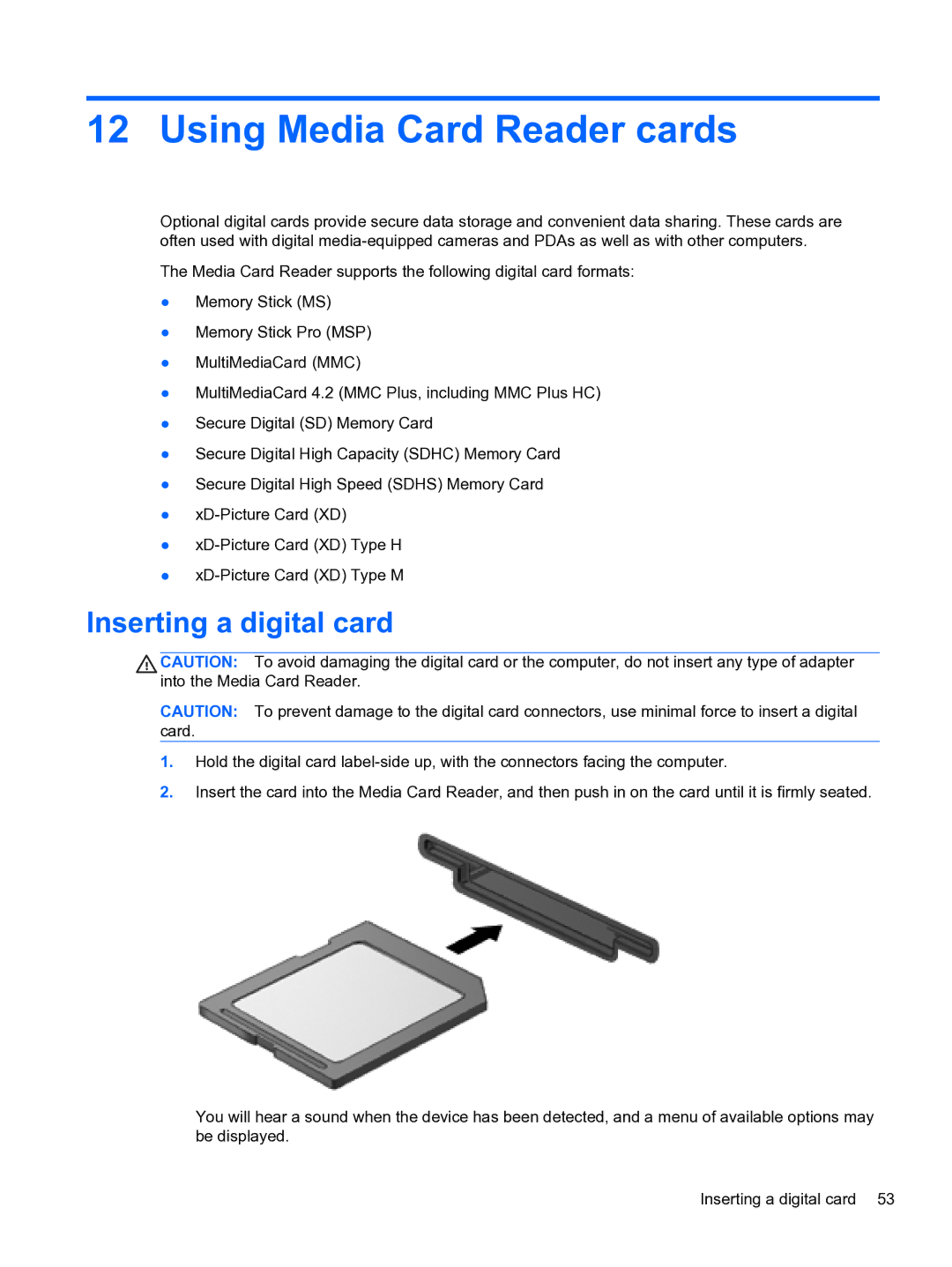 HP 4320t Mobile manual Using Media Card Reader cards, Inserting a digital card 