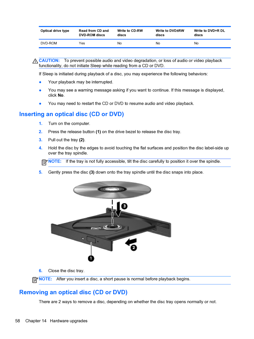 HP 4320t Mobile manual Inserting an optical disc CD or DVD, Removing an optical disc CD or DVD 