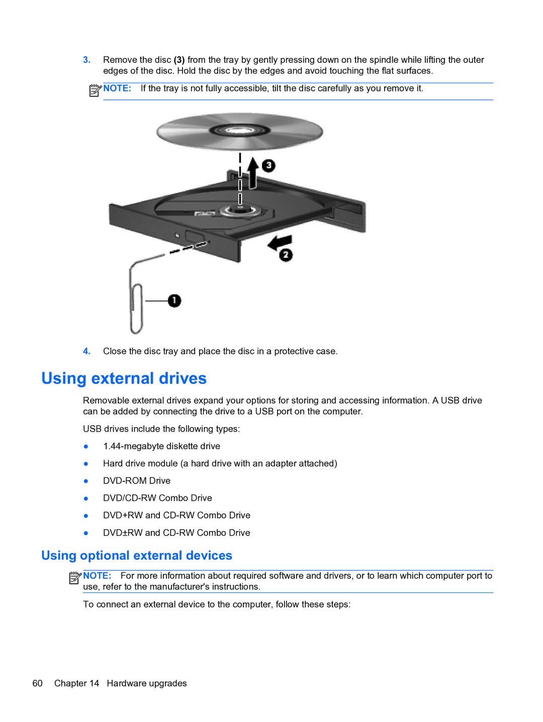 HP 4320t Mobile manual Using external drives, Using optional external devices 