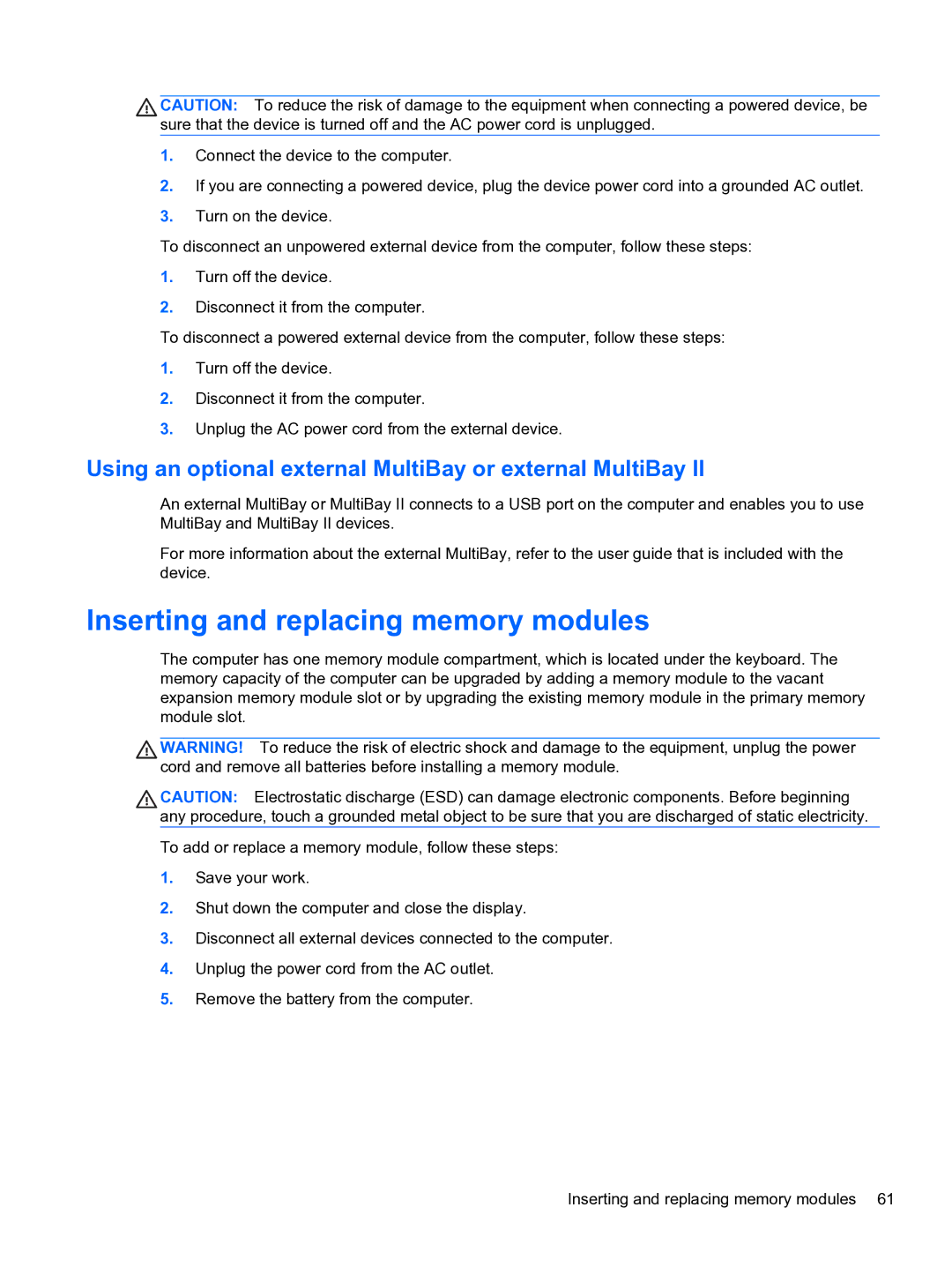 HP 4320t Mobile manual Inserting and replacing memory modules, Using an optional external MultiBay or external MultiBay 