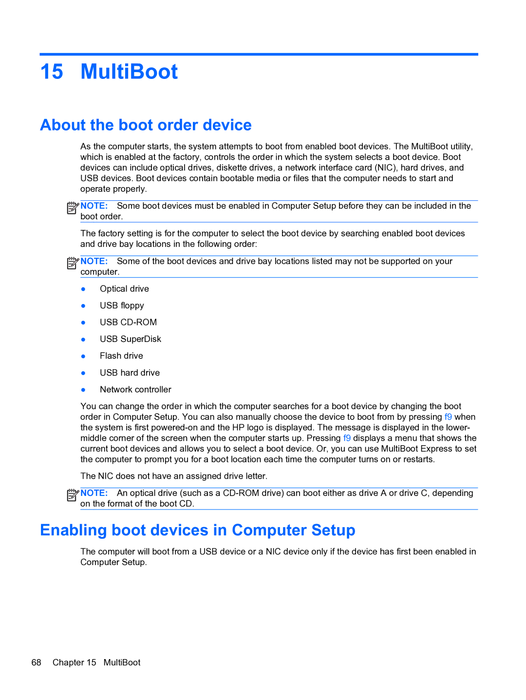 HP 4320t Mobile manual MultiBoot, About the boot order device, Enabling boot devices in Computer Setup 