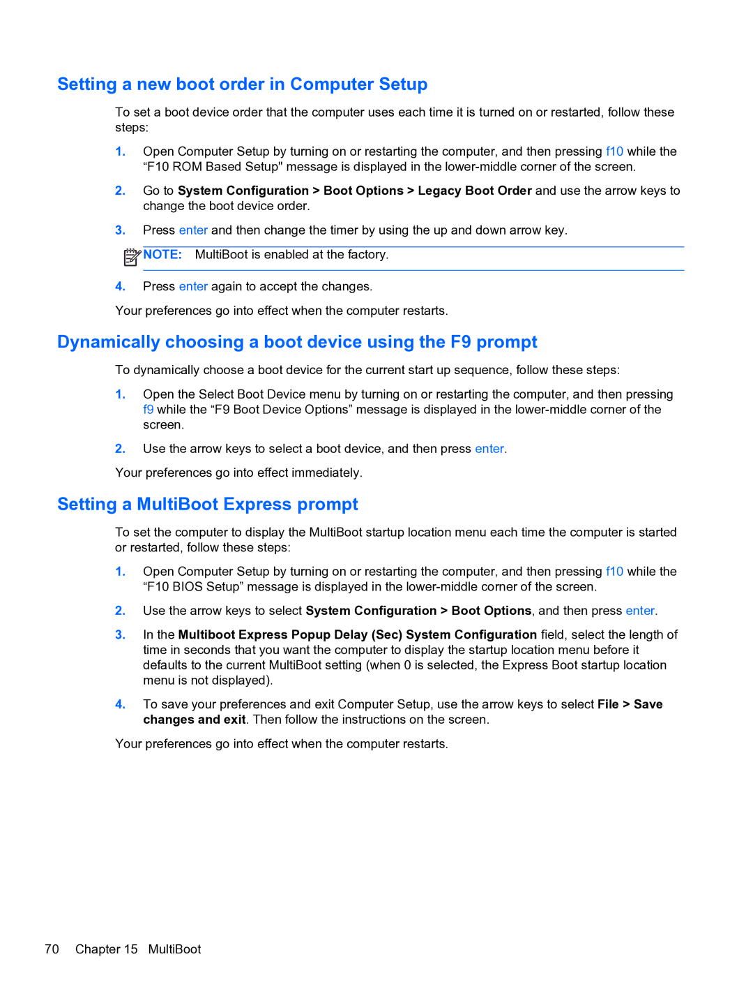 HP 4320t Mobile manual Setting a new boot order in Computer Setup, Dynamically choosing a boot device using the F9 prompt 