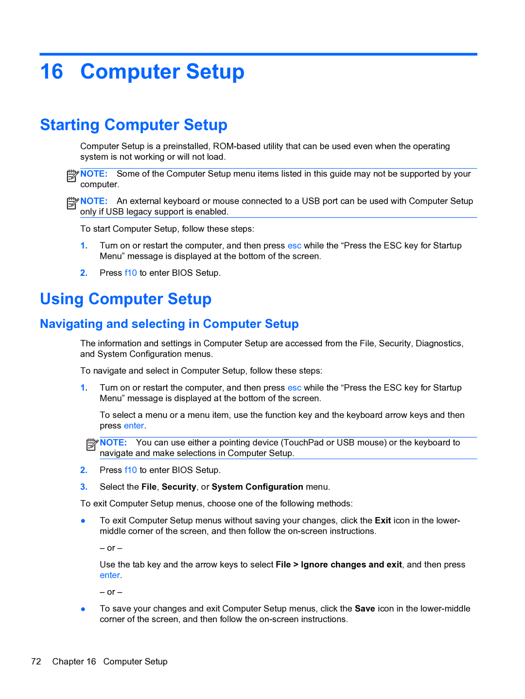 HP 4320t Mobile manual Starting Computer Setup, Using Computer Setup, Navigating and selecting in Computer Setup 