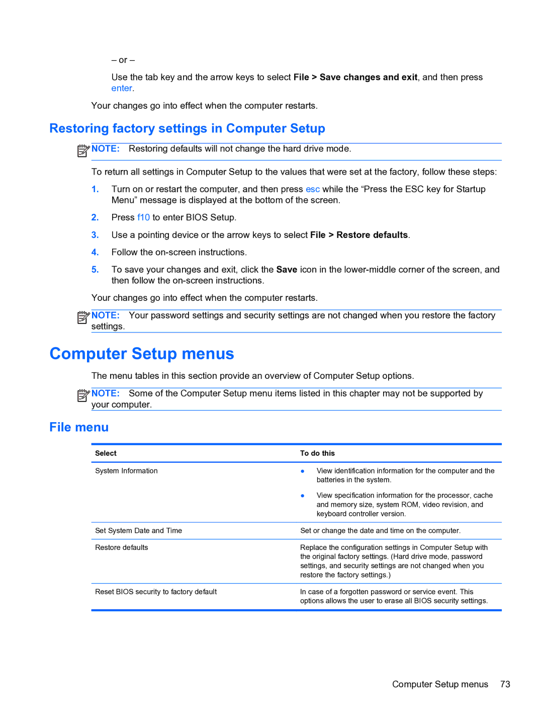 HP 4320t Mobile manual Computer Setup menus, Restoring factory settings in Computer Setup, File menu 