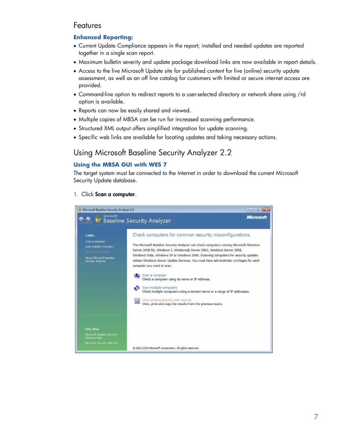 HP 4320t Mobile Features, Using Microsoft Baseline Security Analyzer, Enhanced Reporting, Using the Mbsa GUI with WES 