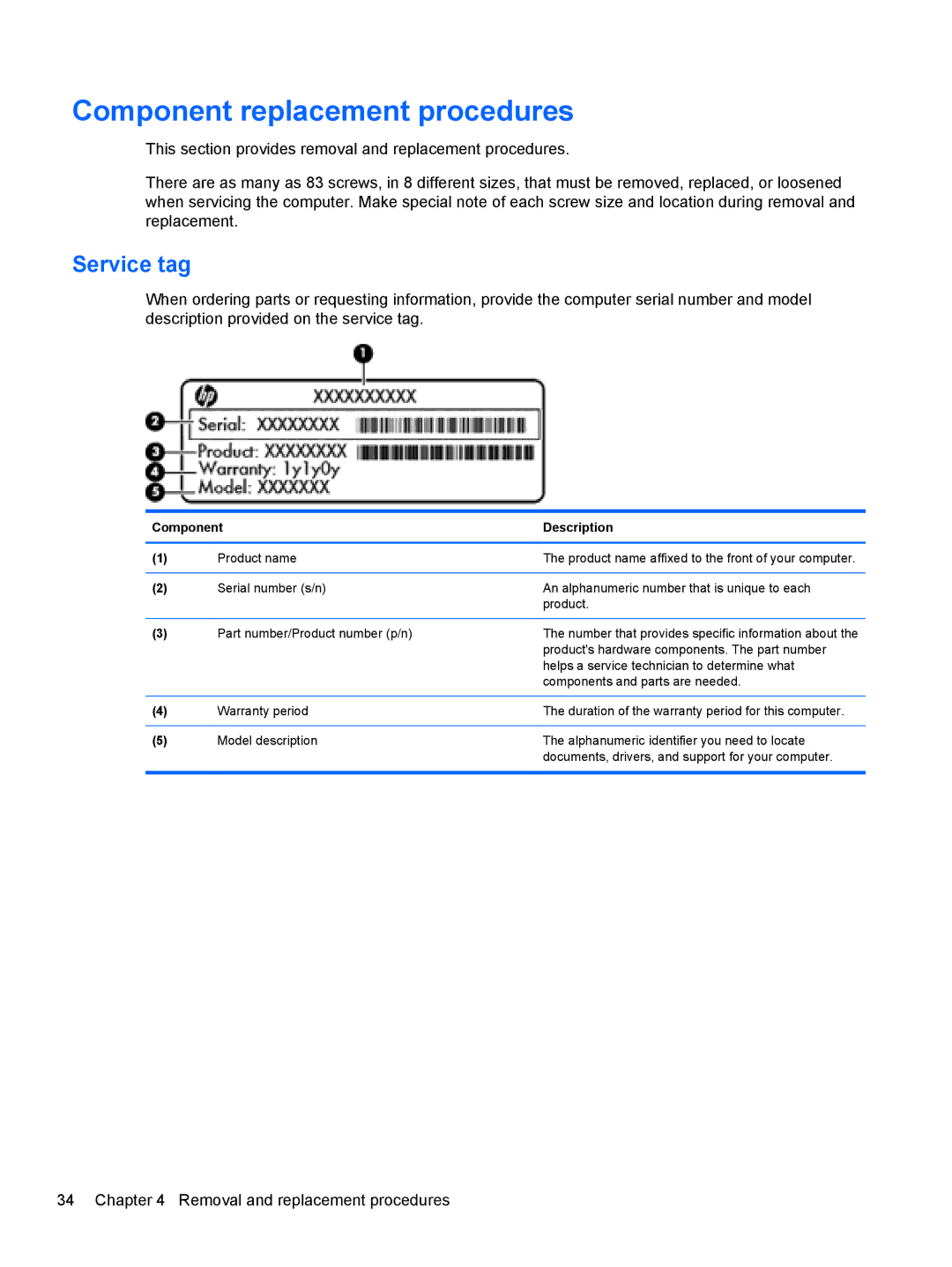 HP 4320T manual Component replacement procedures, Service tag 