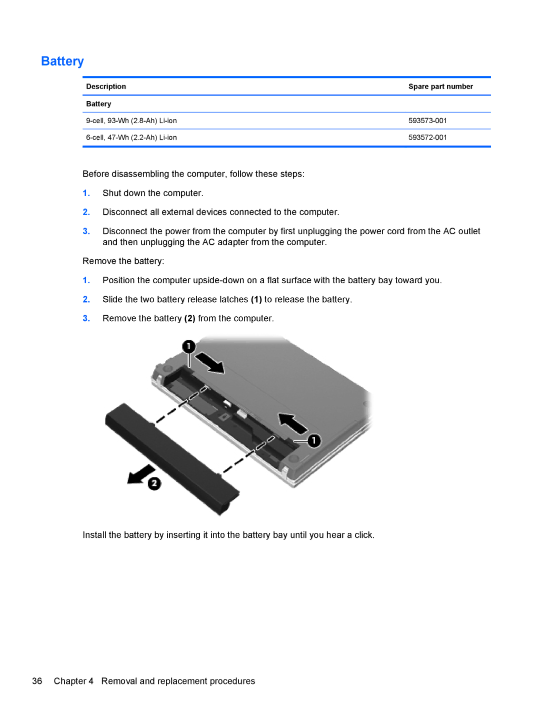 HP 4320T manual Description Spare part number Battery 