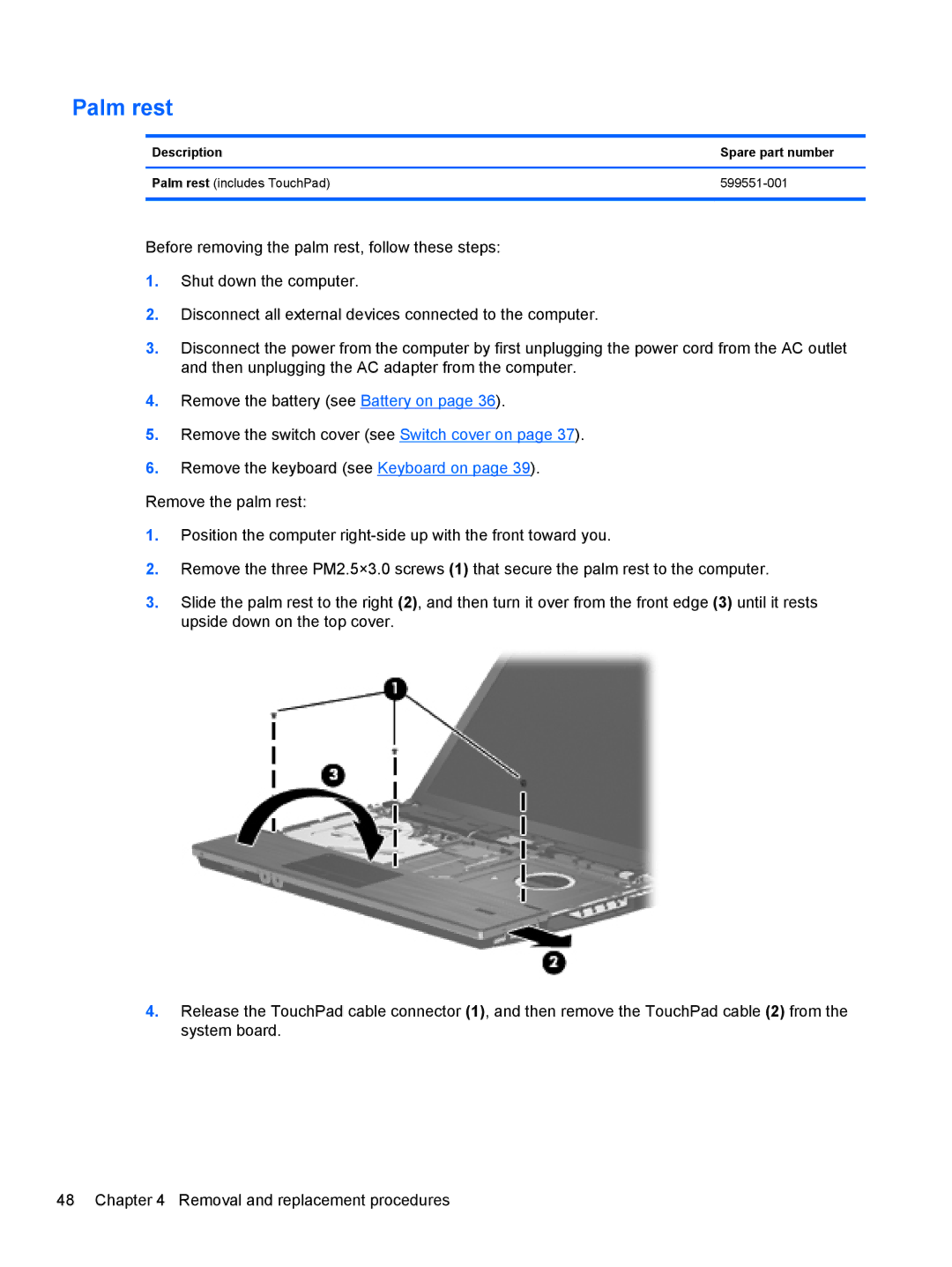 HP 4320T manual Palm rest 