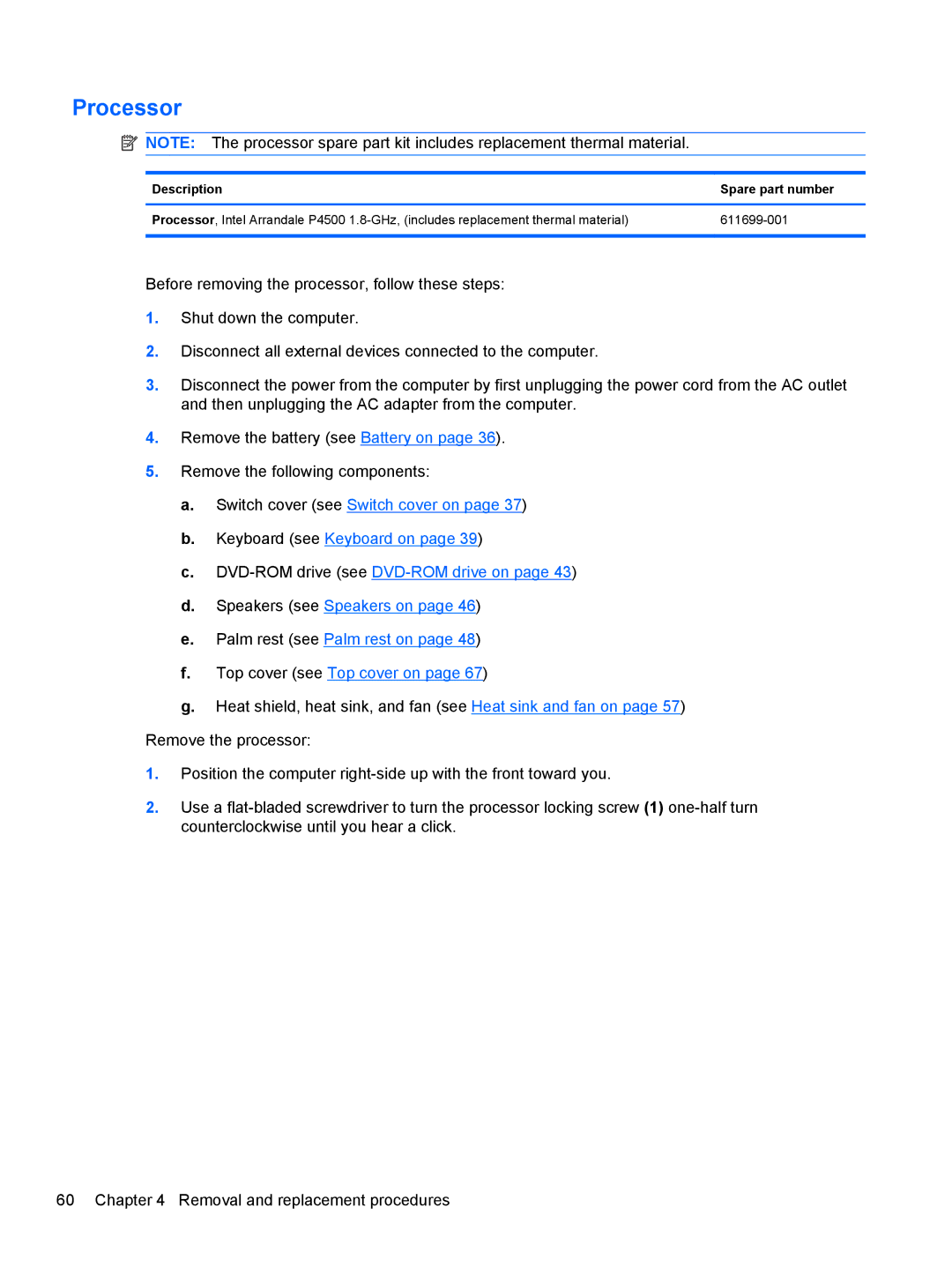 HP 4320T manual Processor, Description Spare part number 