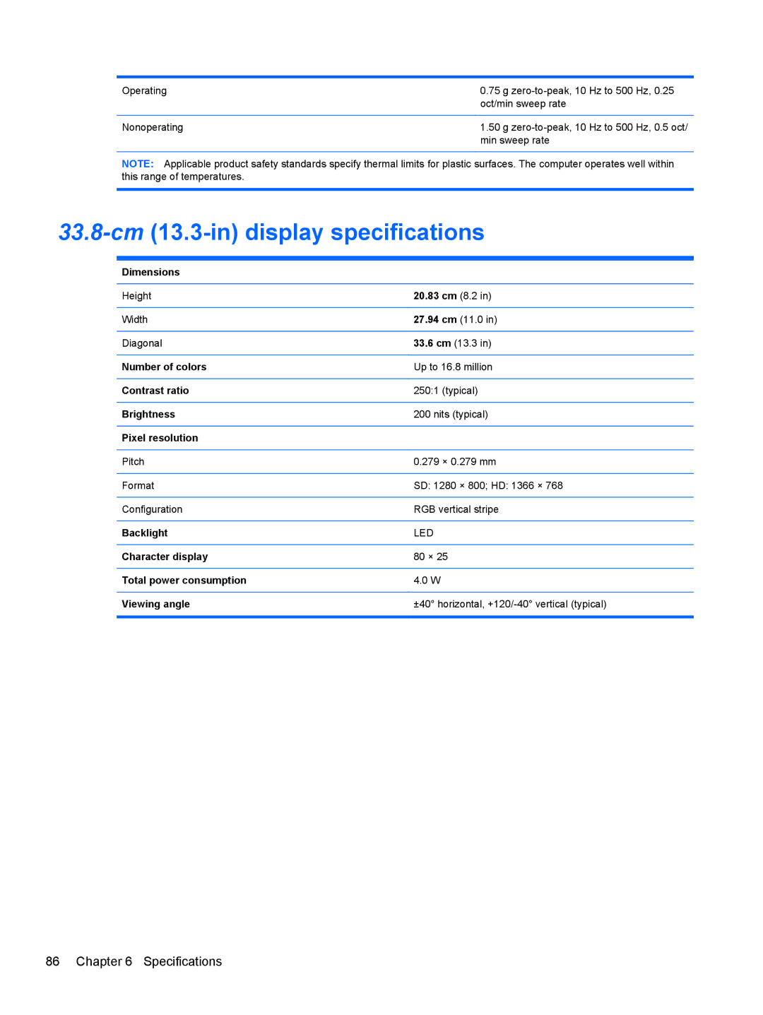 HP 4320T manual 33.8-cm13.3-in display specifications 