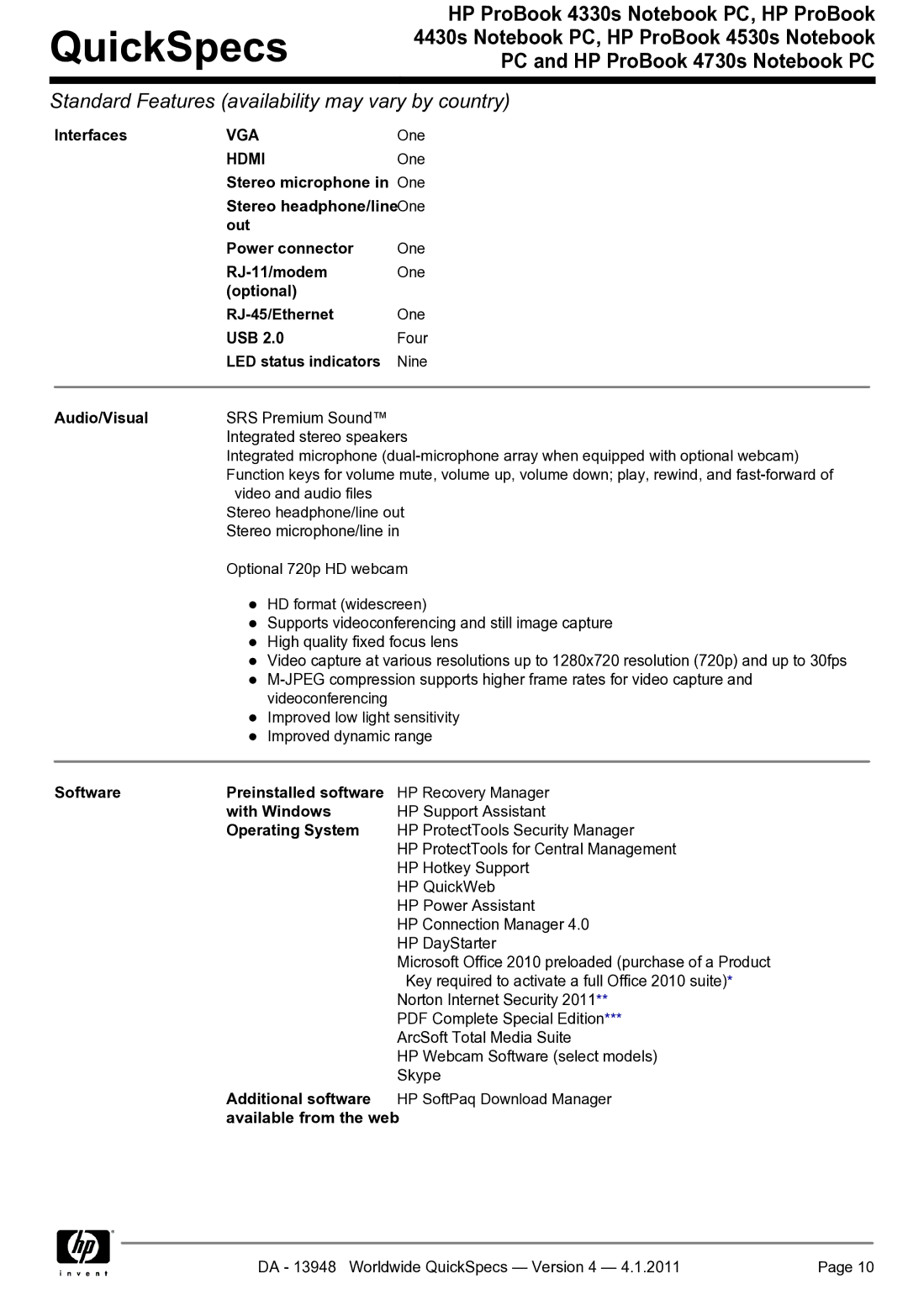 HP 4330S manual Interfaces, Stereo microphone in One, Stereo headphone/line One, Out Power connector, RJ-11/modem, Usb 