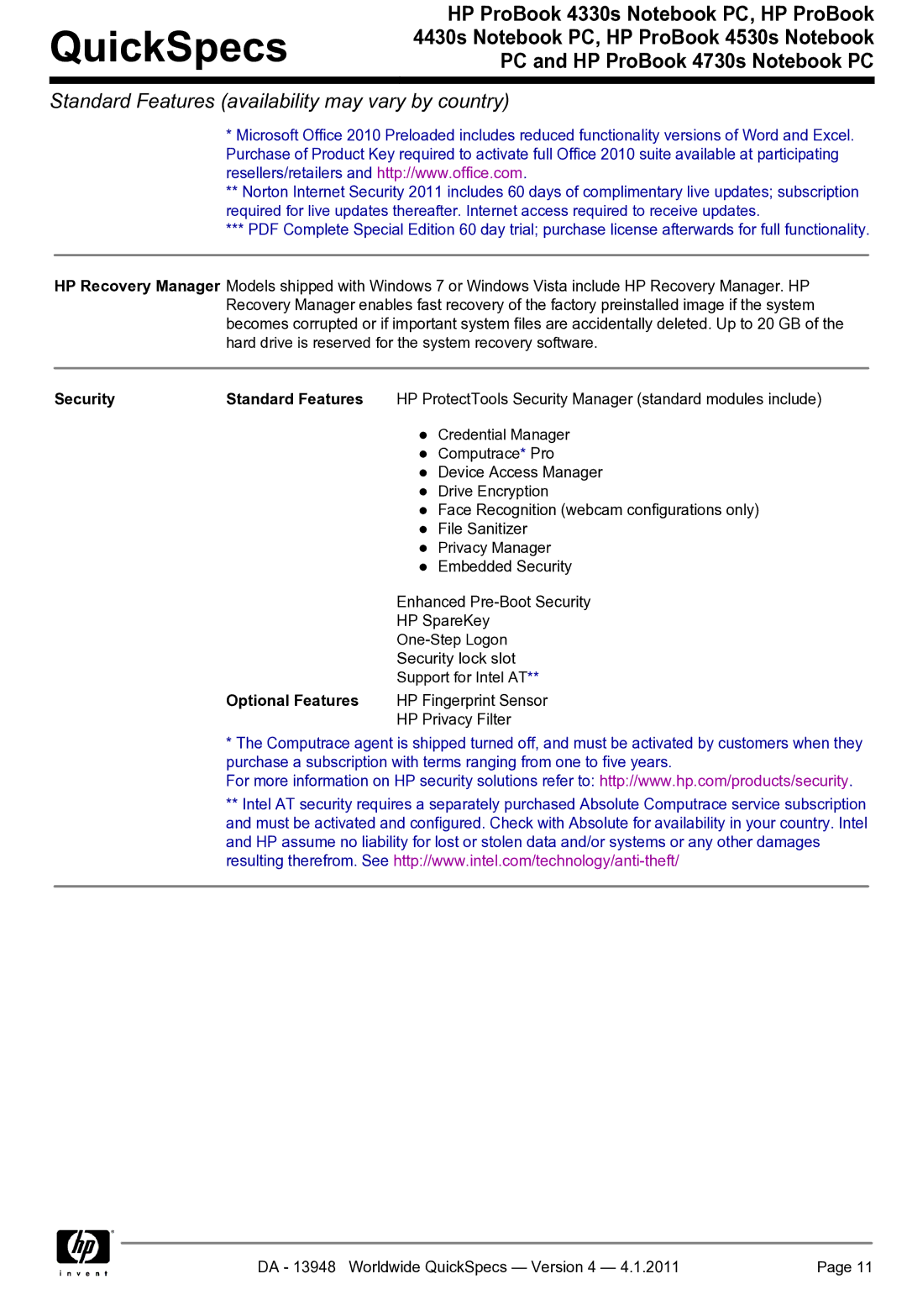 HP 4330S manual Security Standard Features, Optional Features 