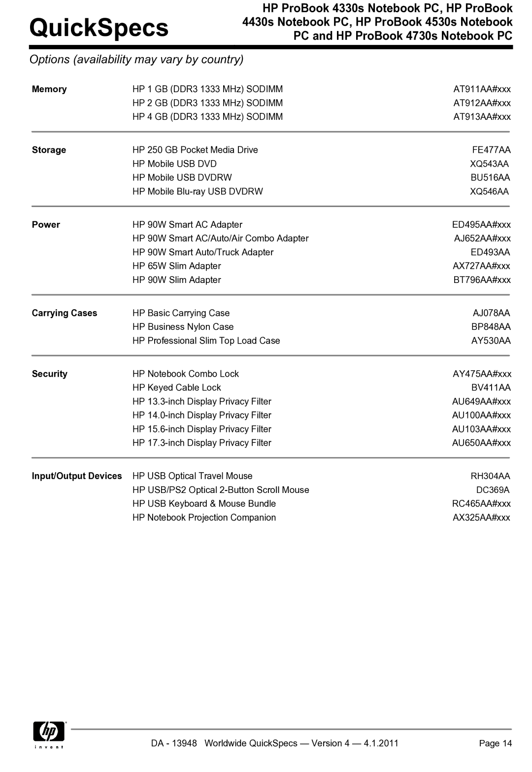 HP 4330S manual Memory, Storage, Power, Carrying Cases, Security, Input/Output Devices 