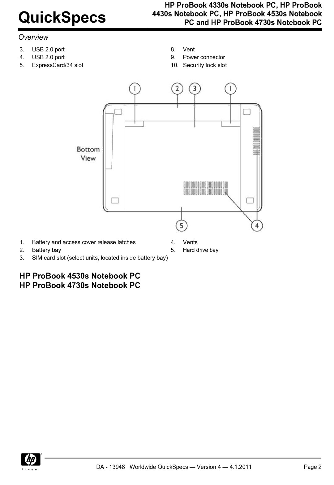 HP 4330S manual HP ProBook 4530s Notebook PC HP ProBook 4730s Notebook PC 