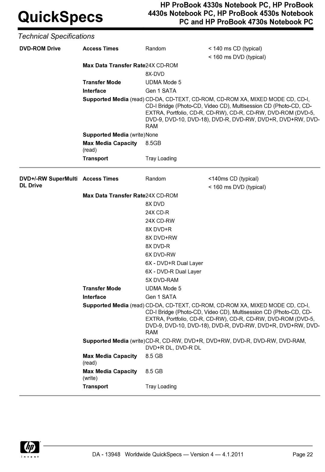 HP 4330S manual DVD-ROM Drive Access Times, Max Data Transfer Rate 24X CD-ROM, Transfer Mode, Transport, DL Drive 