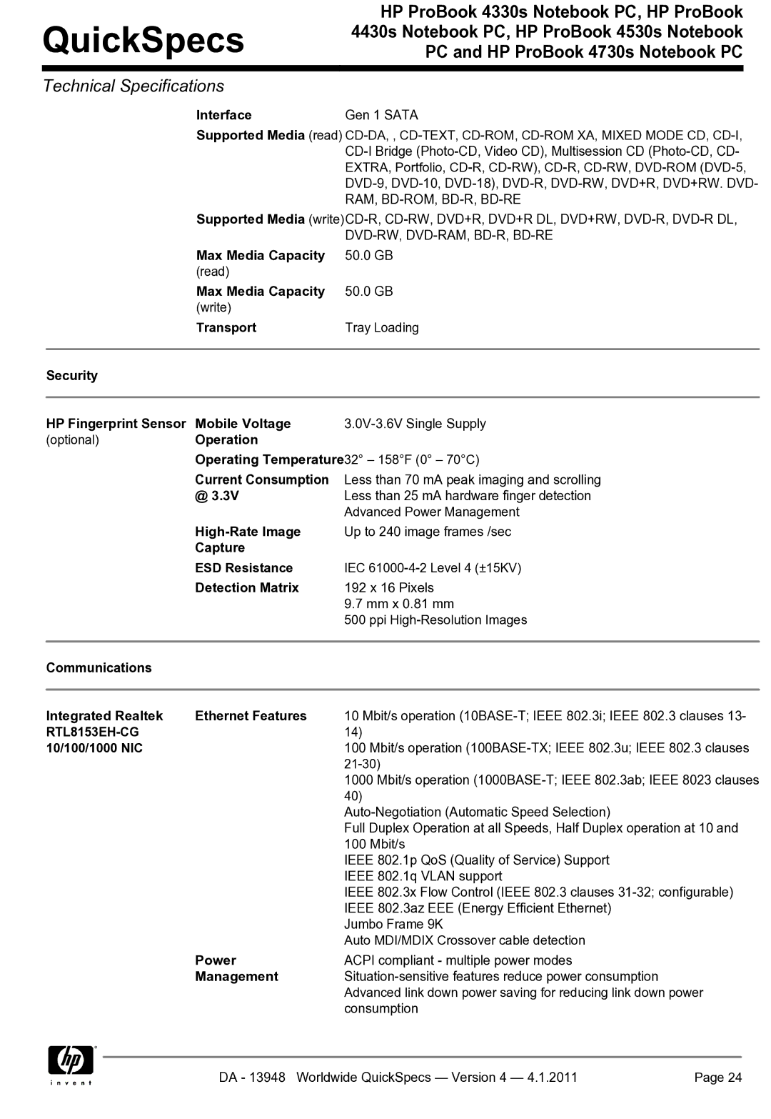 HP 4330S Security HP Fingerprint Sensor Mobile Voltage, Operation, Current Consumption, High-Rate Image, Detection Matrix 