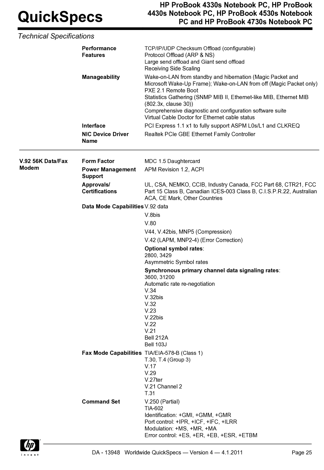 HP 4330S manual Performance, Manageability, NIC Device Driver, Name 92 56K Data/Fax Form Factor, Modem Power Management 