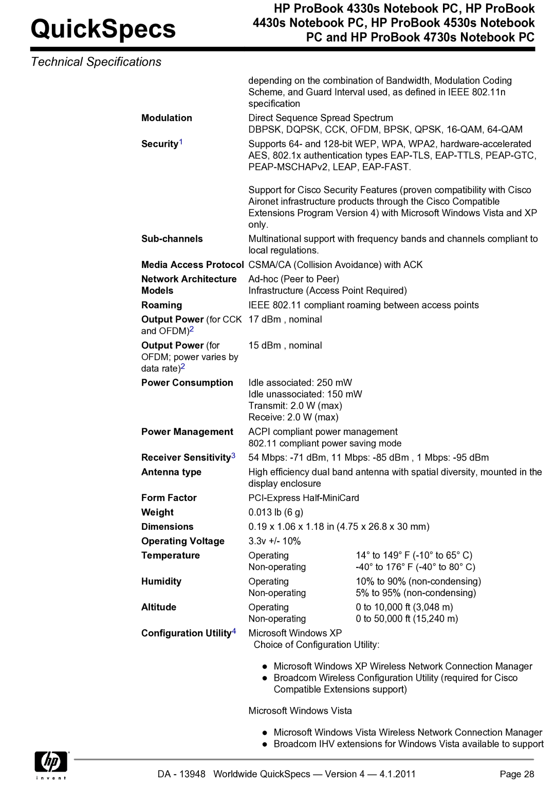 HP 4330S manual Modulation, Sub-channels, Network Architecture, Models, Roaming, Output Power for CCK, Receiver Sensitivity 