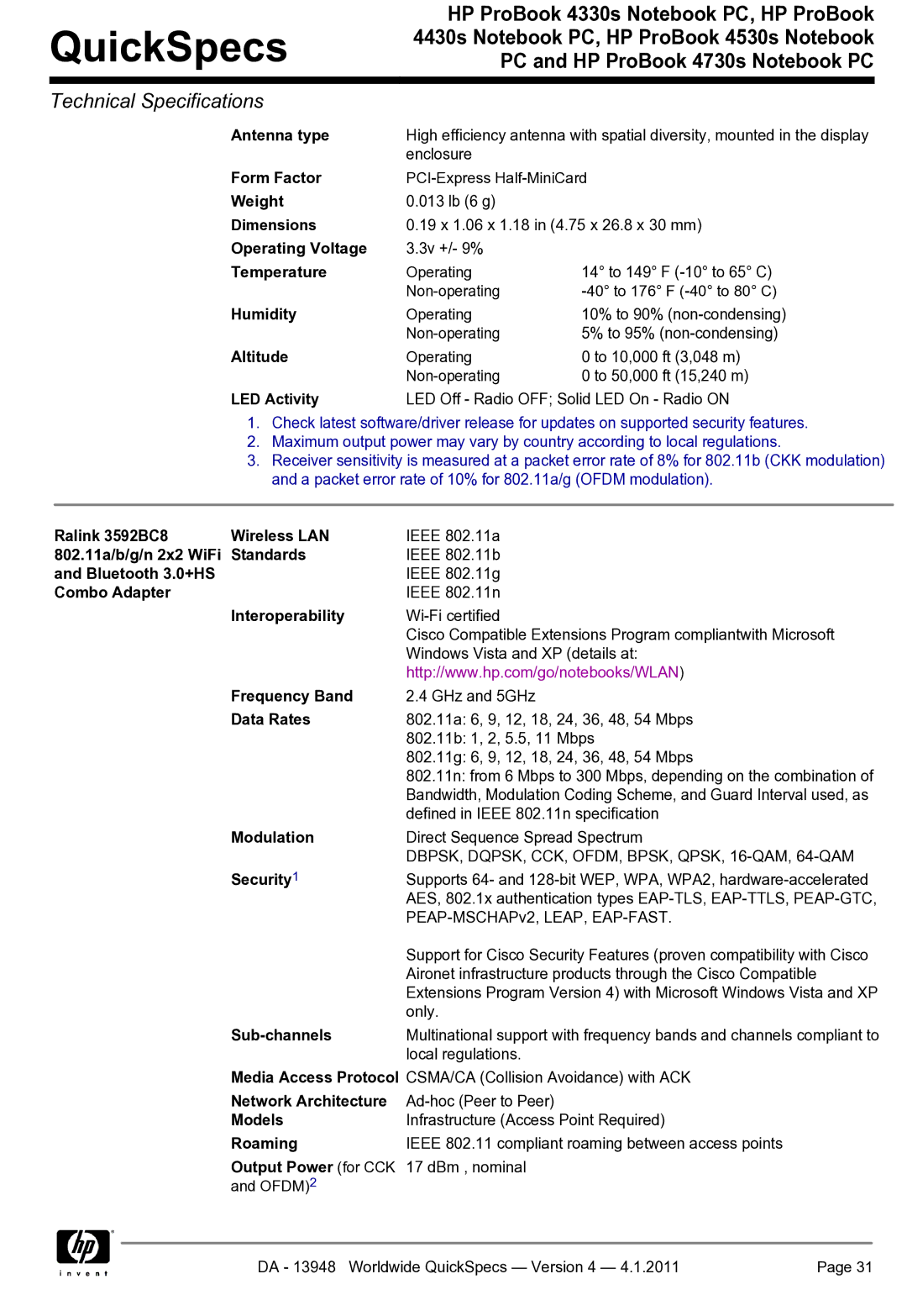 HP 4330S manual Ralink 3592BC8 Wireless LAN, 802.11a/b/g/n 2x2 WiFi Standards 