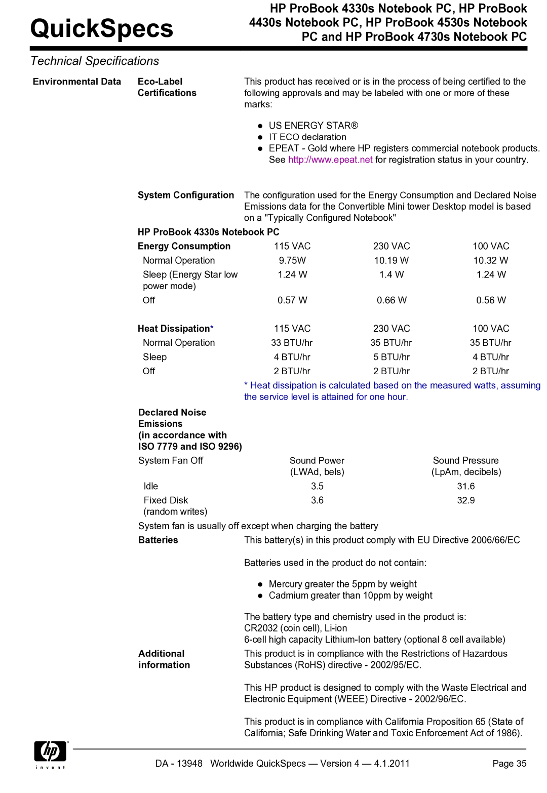 HP 4330S manual HP ProBook 4330s Notebook PC Energy Consumption, Heat Dissipation, Batteries, Additional, Information 
