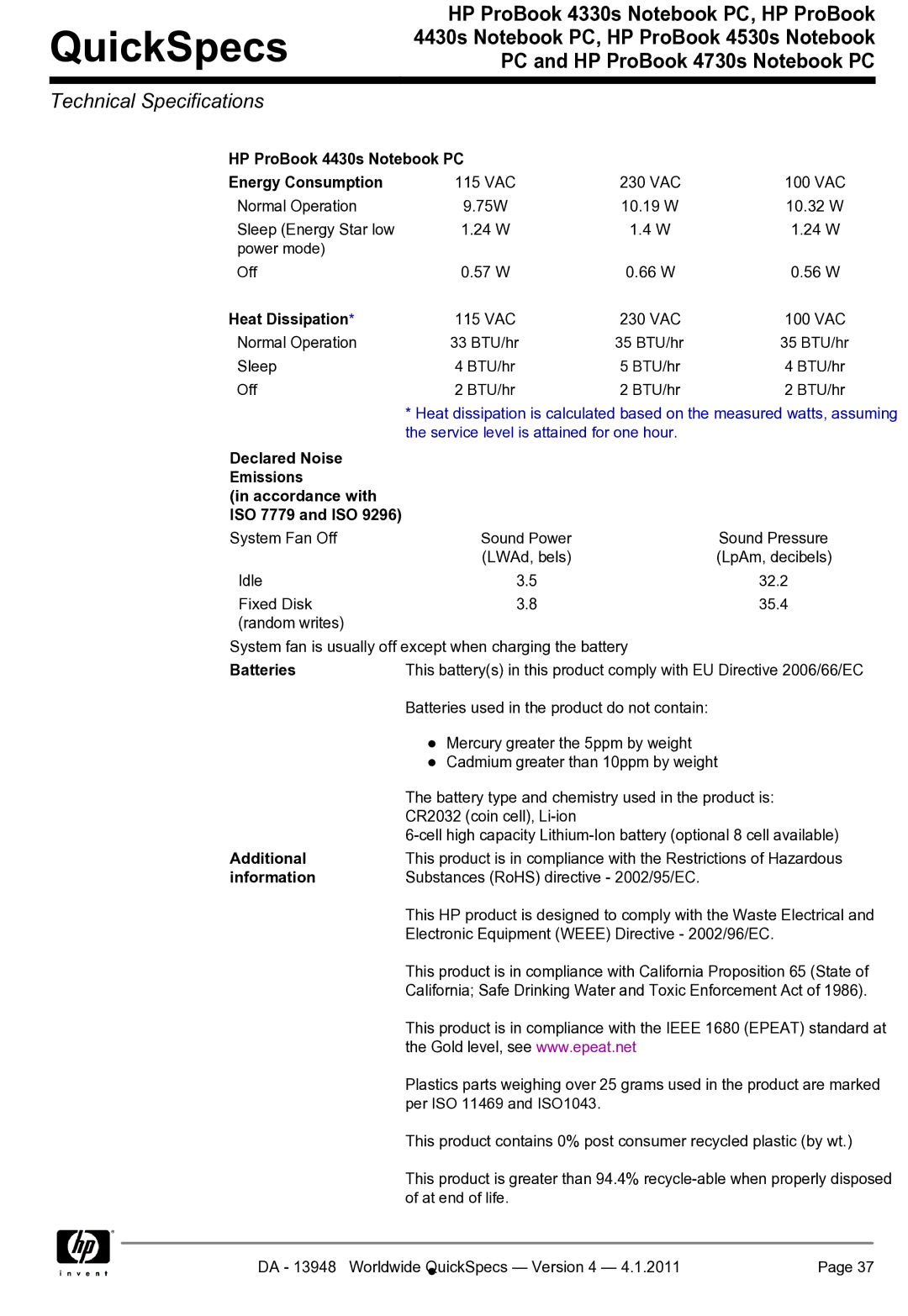 HP 4330S manual HP ProBook 4430s Notebook PC Energy Consumption 