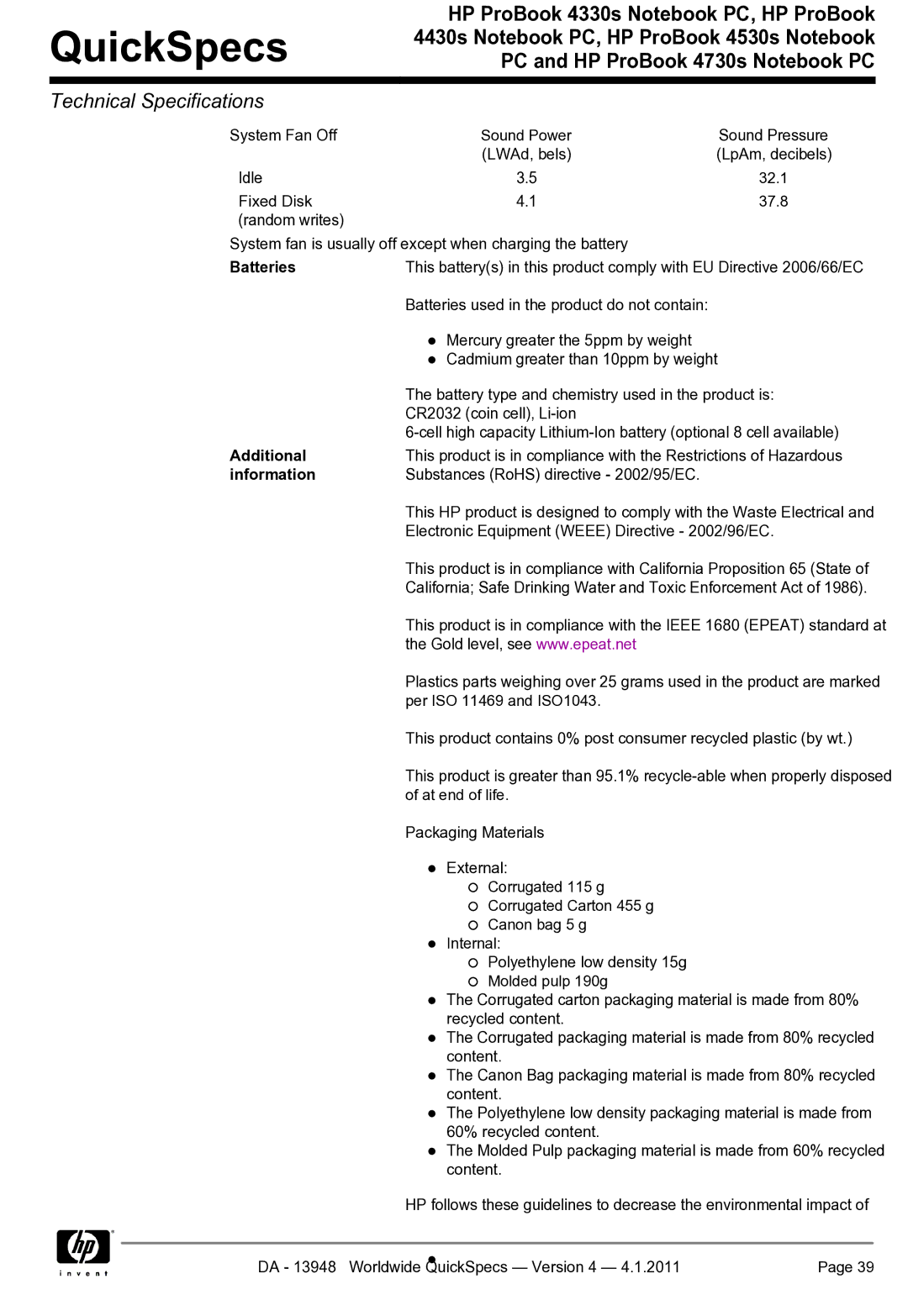 HP 4330S manual QuickSpecs 