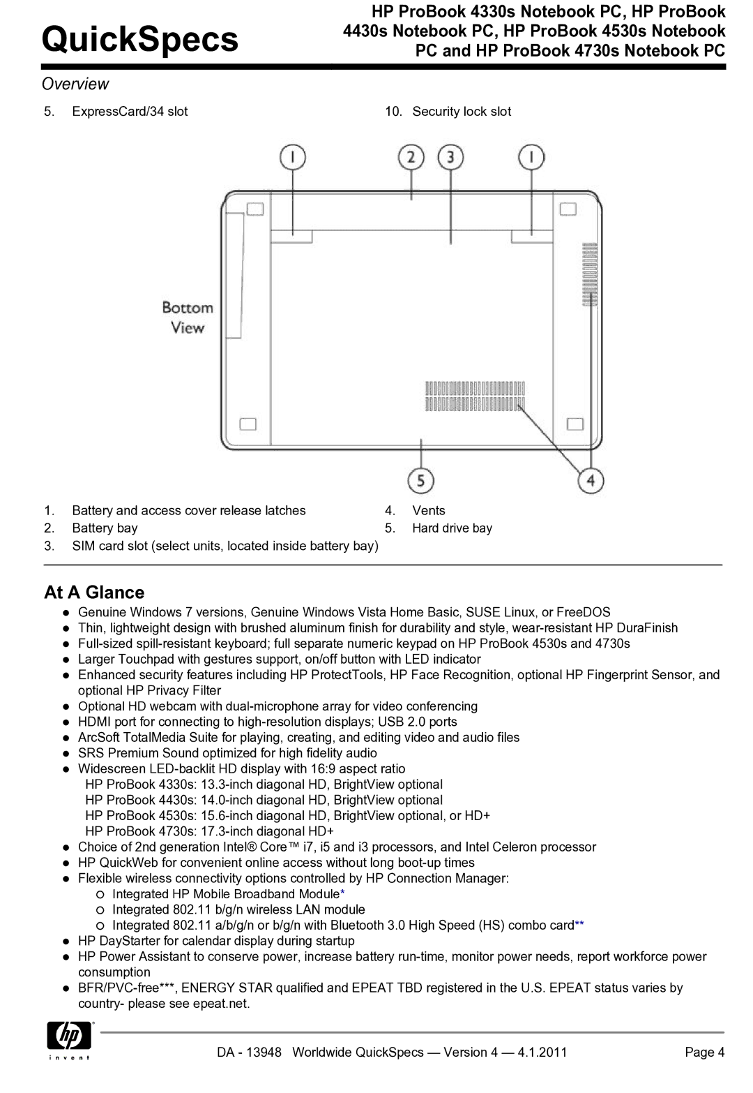 HP 4330S manual At a Glance 