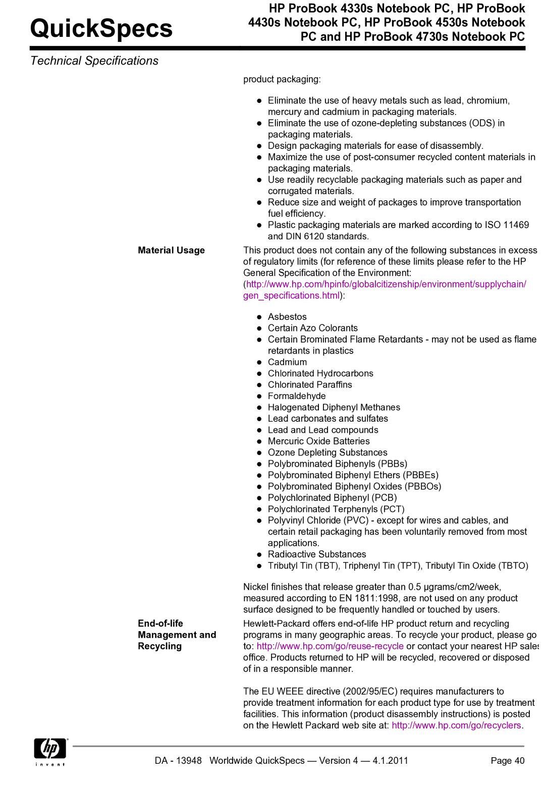 HP 4330S manual Material Usage, End-of-life, Recycling 