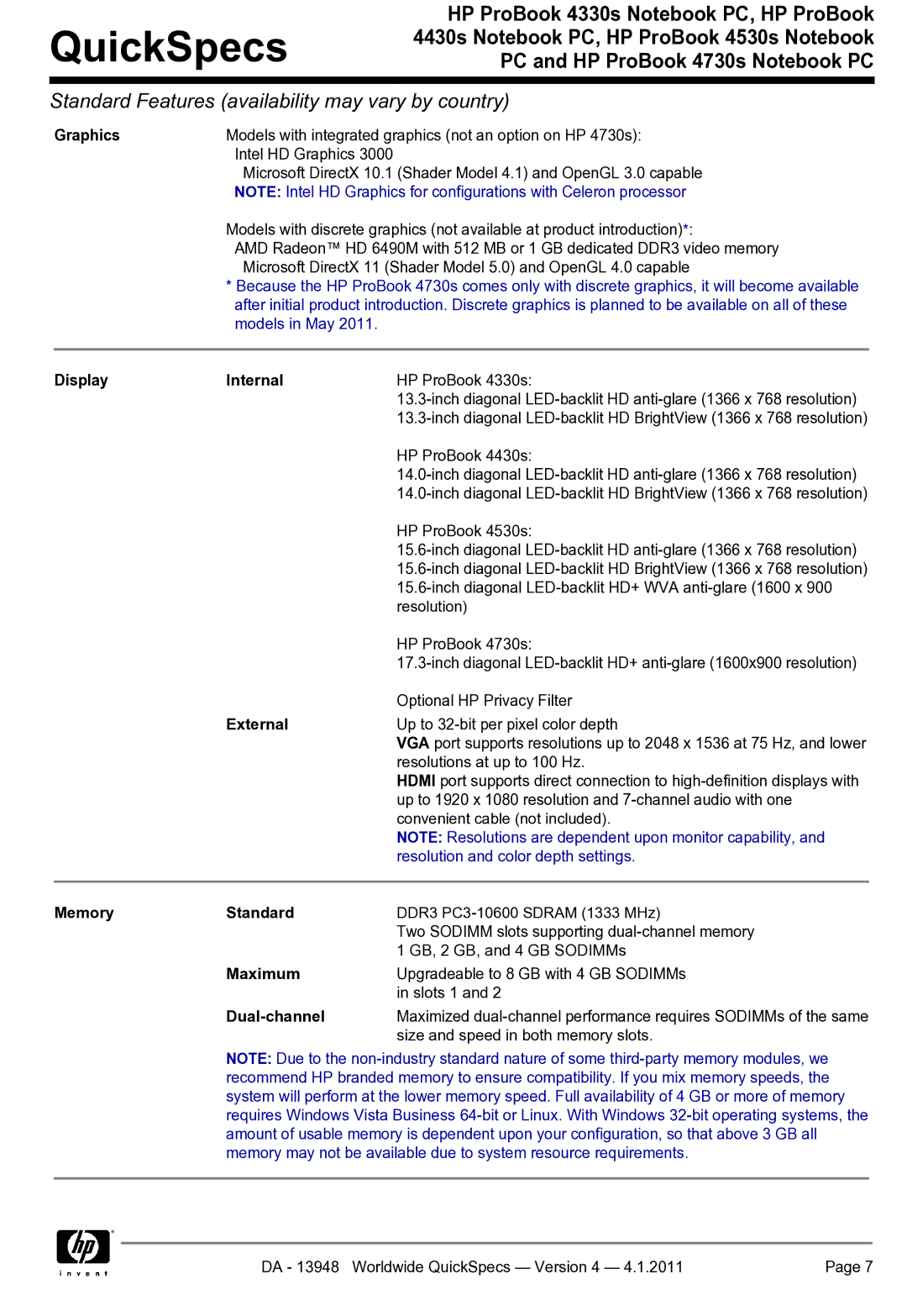 HP 4330S manual Graphics, Display Internal, External, Memory Standard, Maximum, Dual-channel 