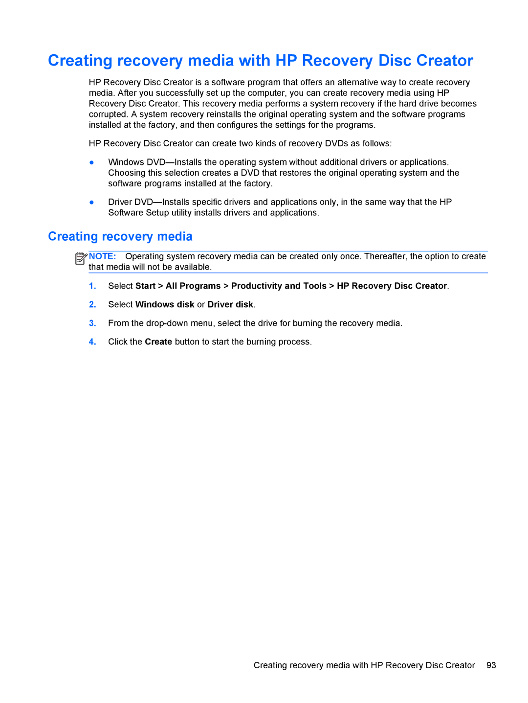 HP 4340S manual Creating recovery media with HP Recovery Disc Creator 