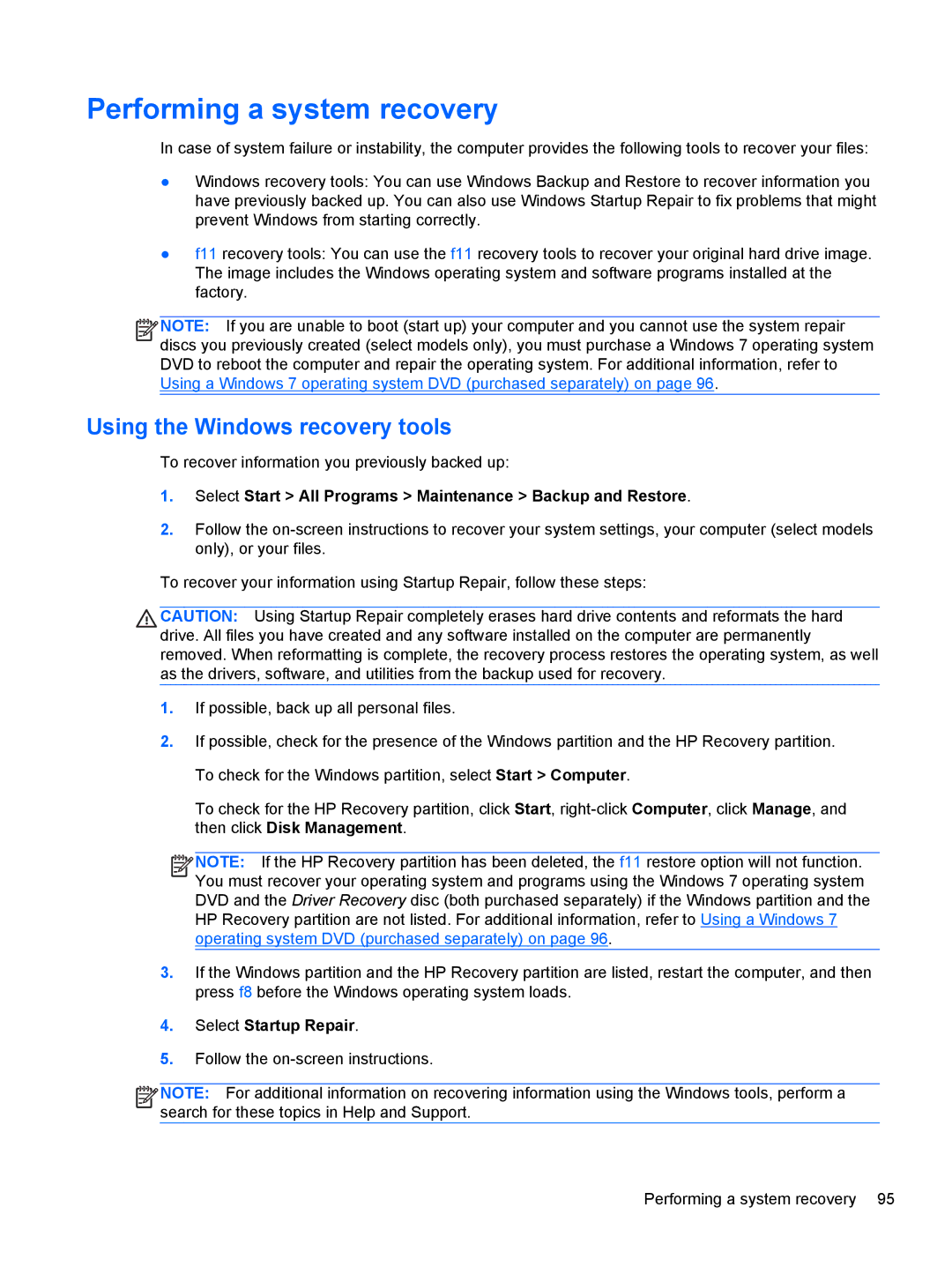 HP 4340S manual Performing a system recovery, Using the Windows recovery tools 