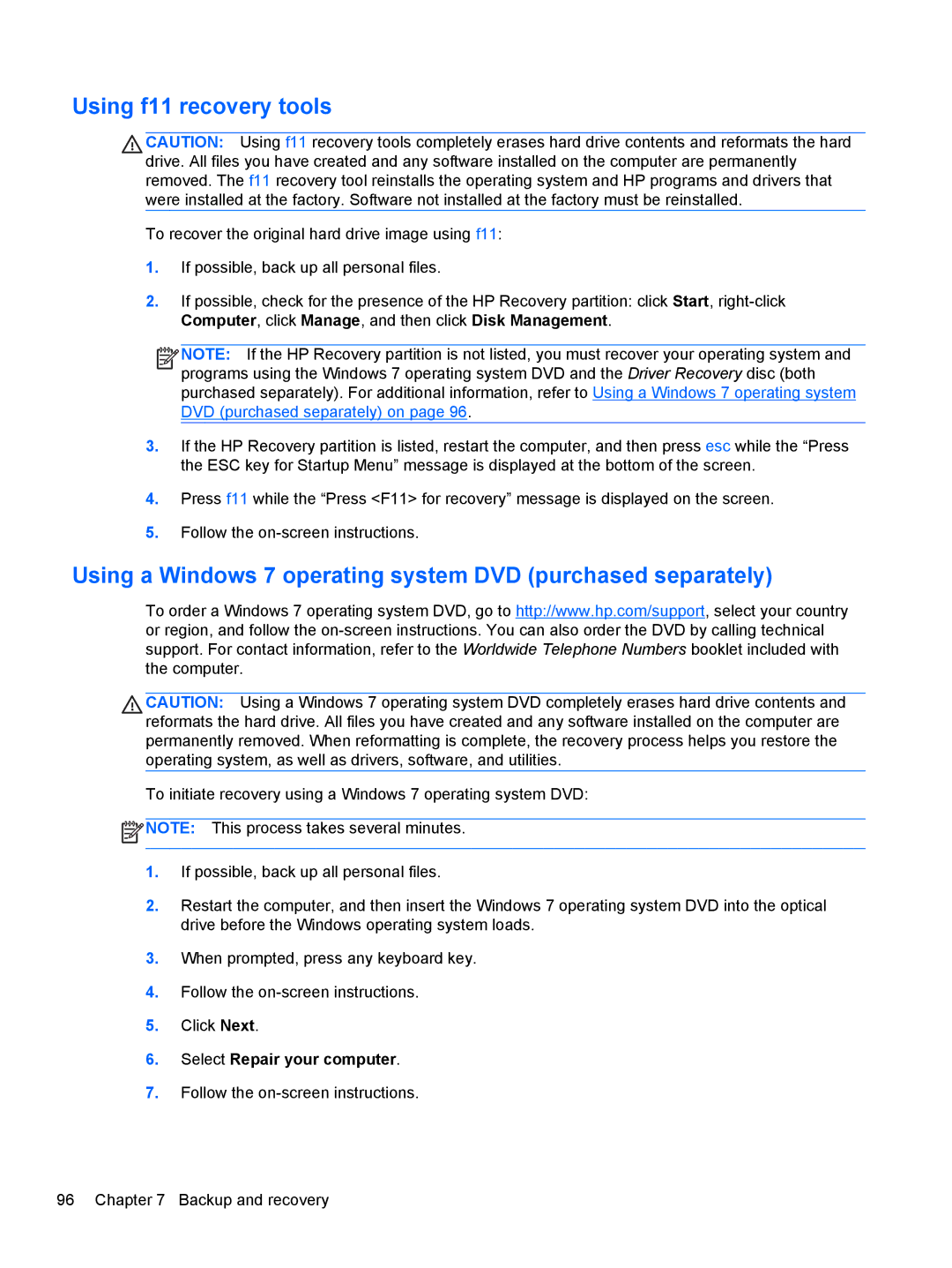 HP 4340S manual Using f11 recovery tools, Using a Windows 7 operating system DVD purchased separately 