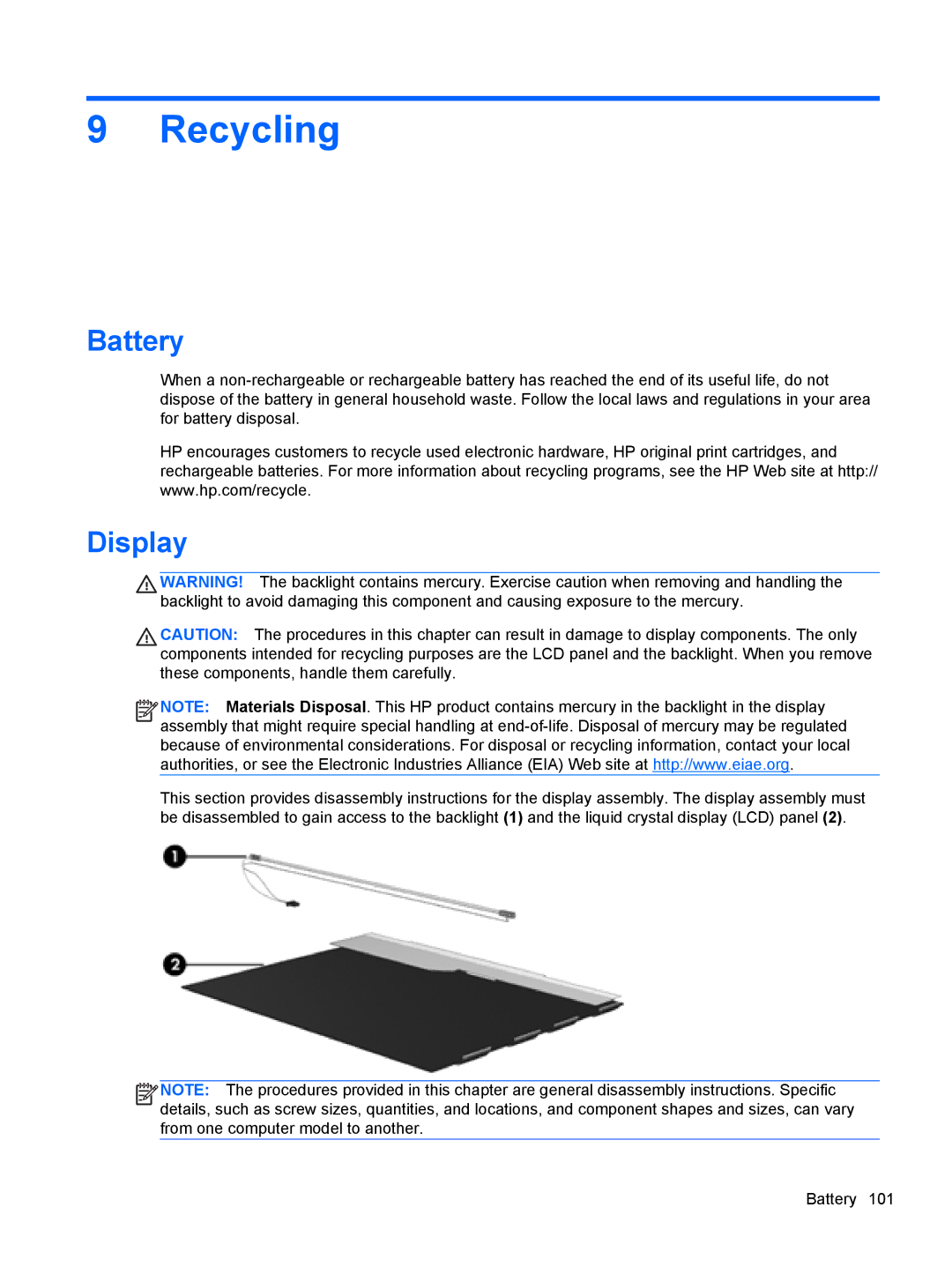 HP 4340S manual Recycling, Battery 