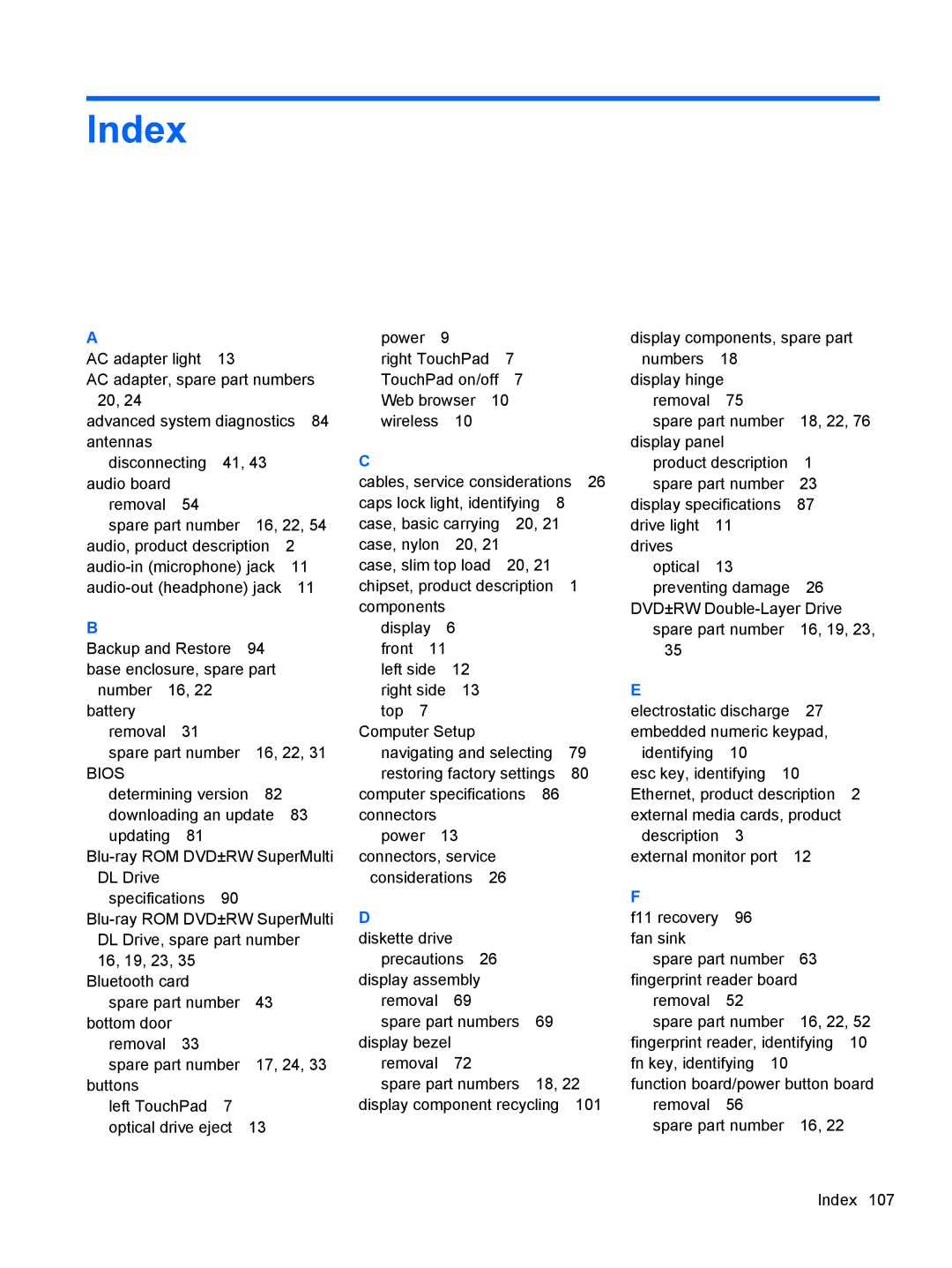 HP 4340S manual Index, Bios 