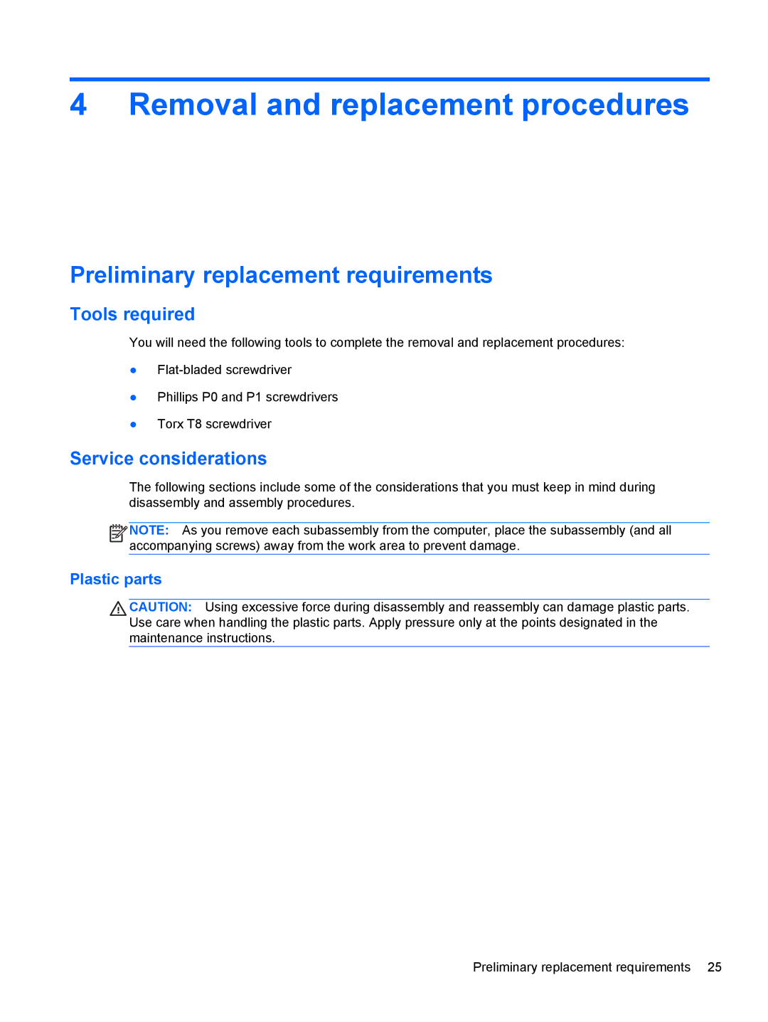 HP 4340S Removal and replacement procedures, Preliminary replacement requirements, Tools required, Service considerations 