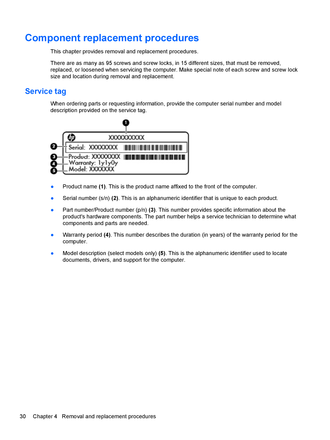 HP 4340S manual Component replacement procedures, Service tag 