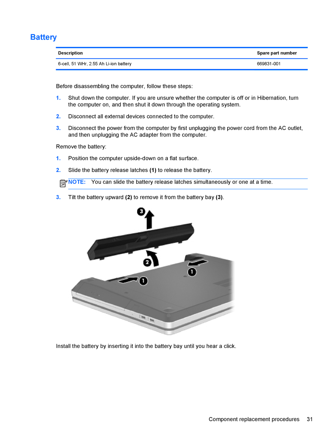 HP 4340S manual Battery, Description Spare part number 