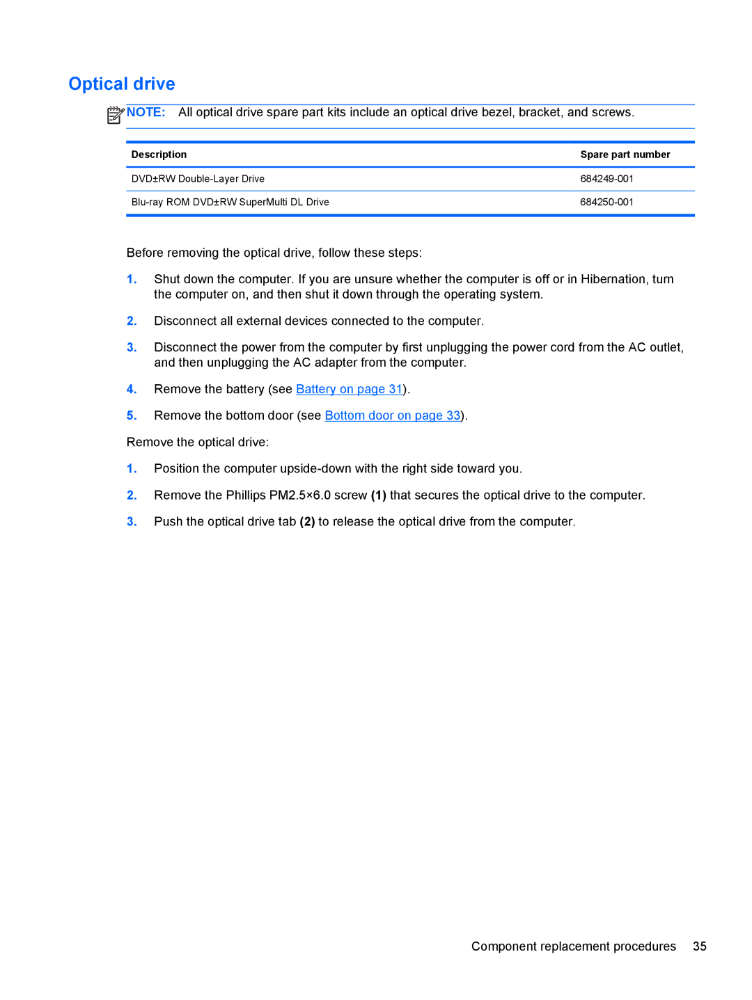 HP 4340S manual Optical drive, Description Spare part number 