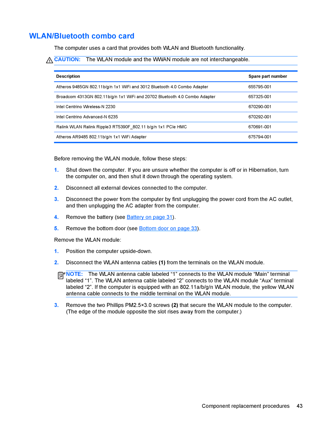 HP 4340S manual WLAN/Bluetooth combo card 