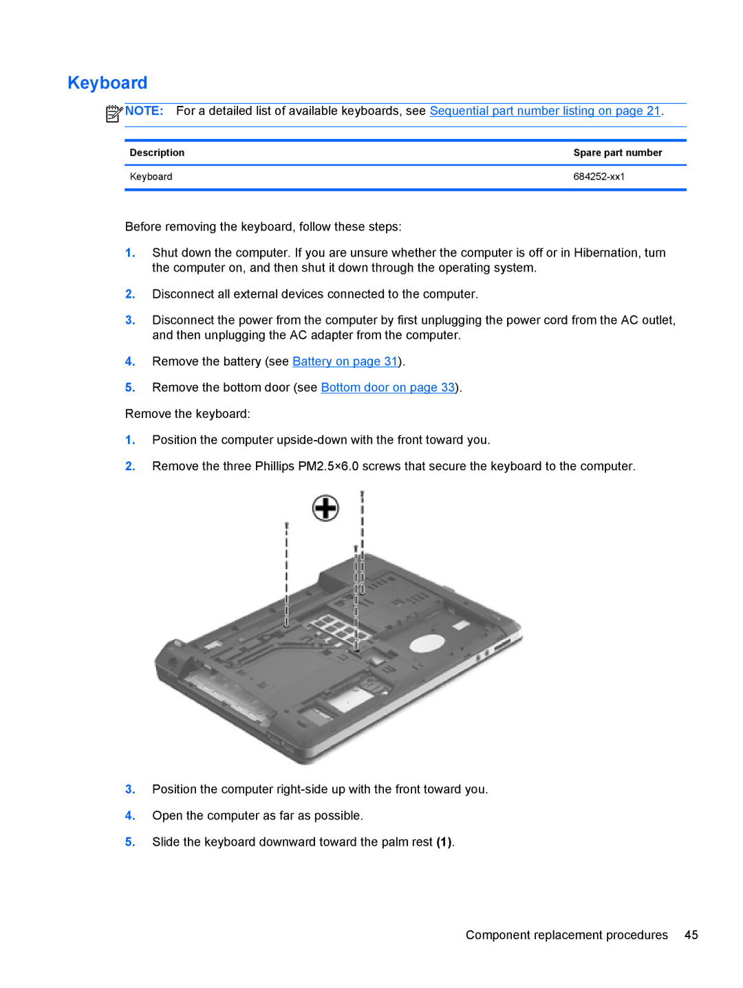 HP 4340S manual Description Spare part number Keyboard 684252-xx1 