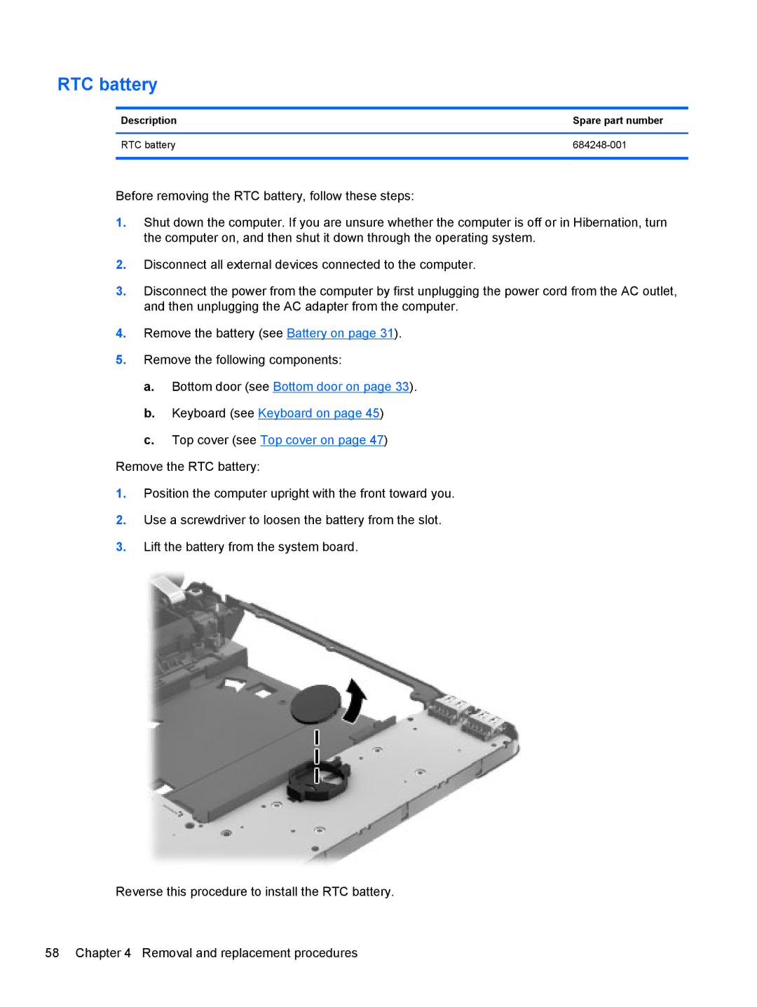 HP 4340S manual Description Spare part number RTC battery 684248-001 