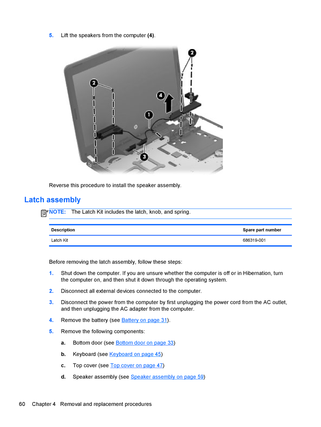 HP 4340S manual Latch assembly, Description Spare part number Latch Kit 686319-001 