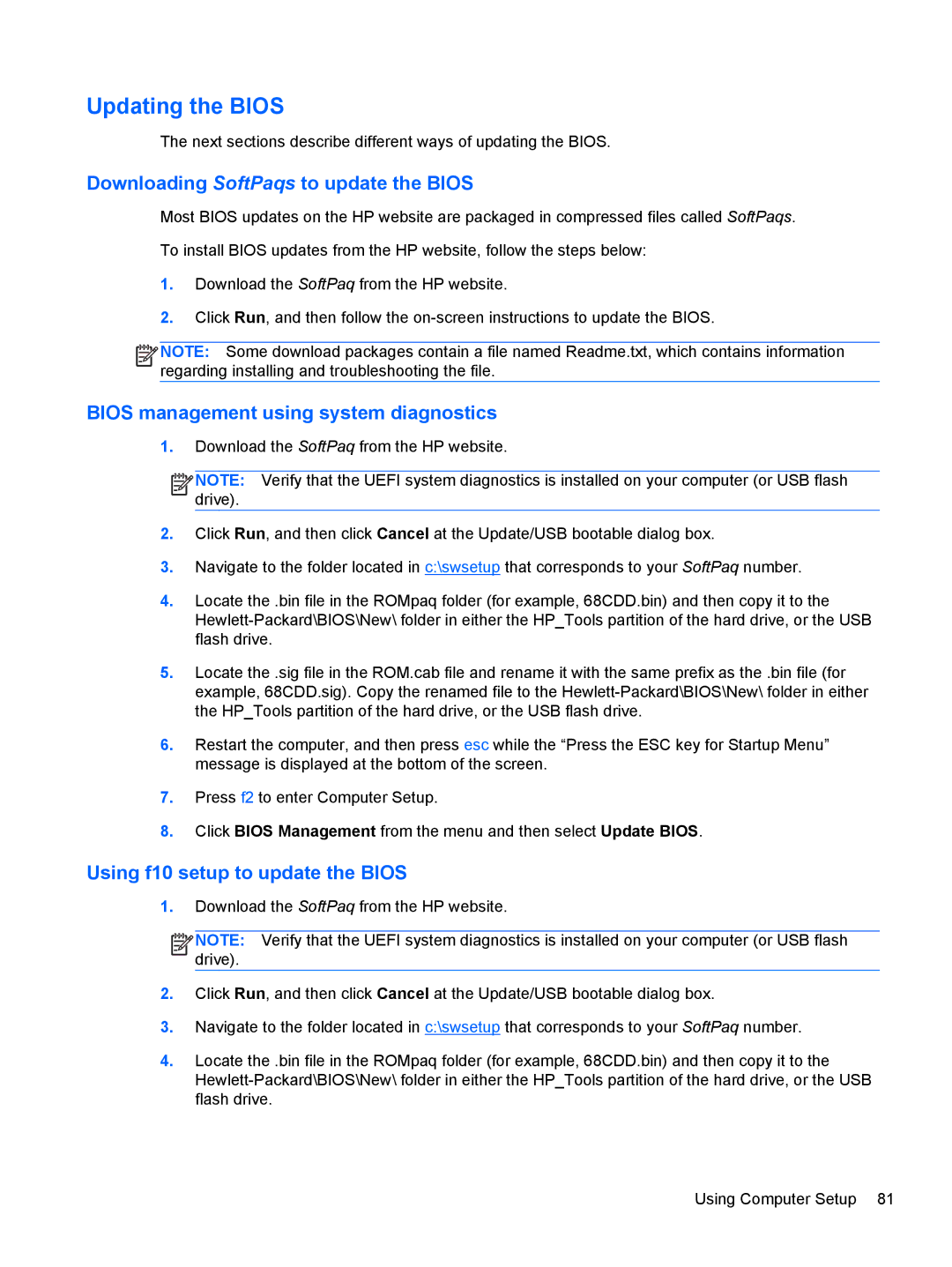 HP 4340S manual Updating the Bios, Downloading SoftPaqs to update the Bios 