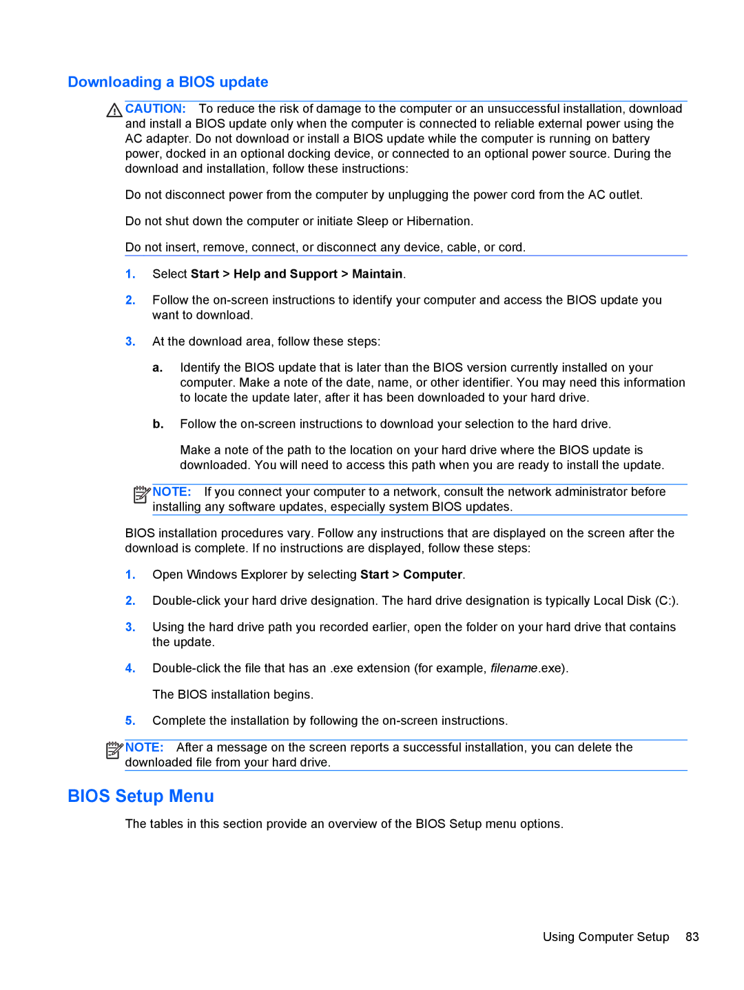 HP 4340S manual Bios Setup Menu, Downloading a Bios update 