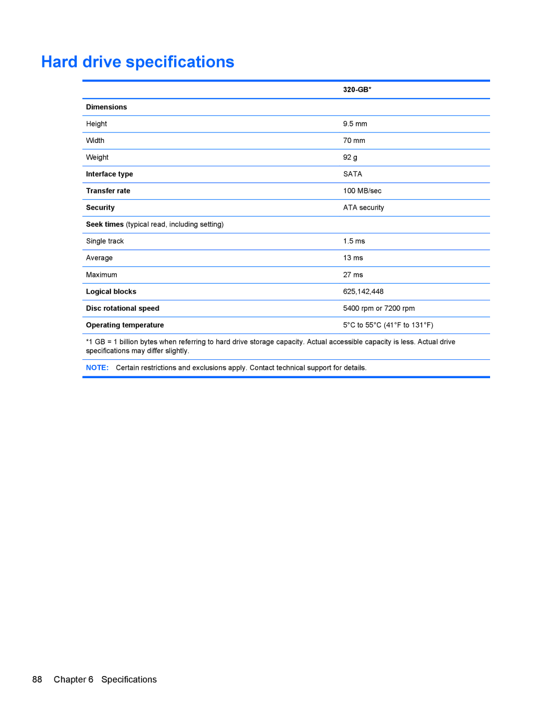 HP 4340S manual Hard drive specifications 